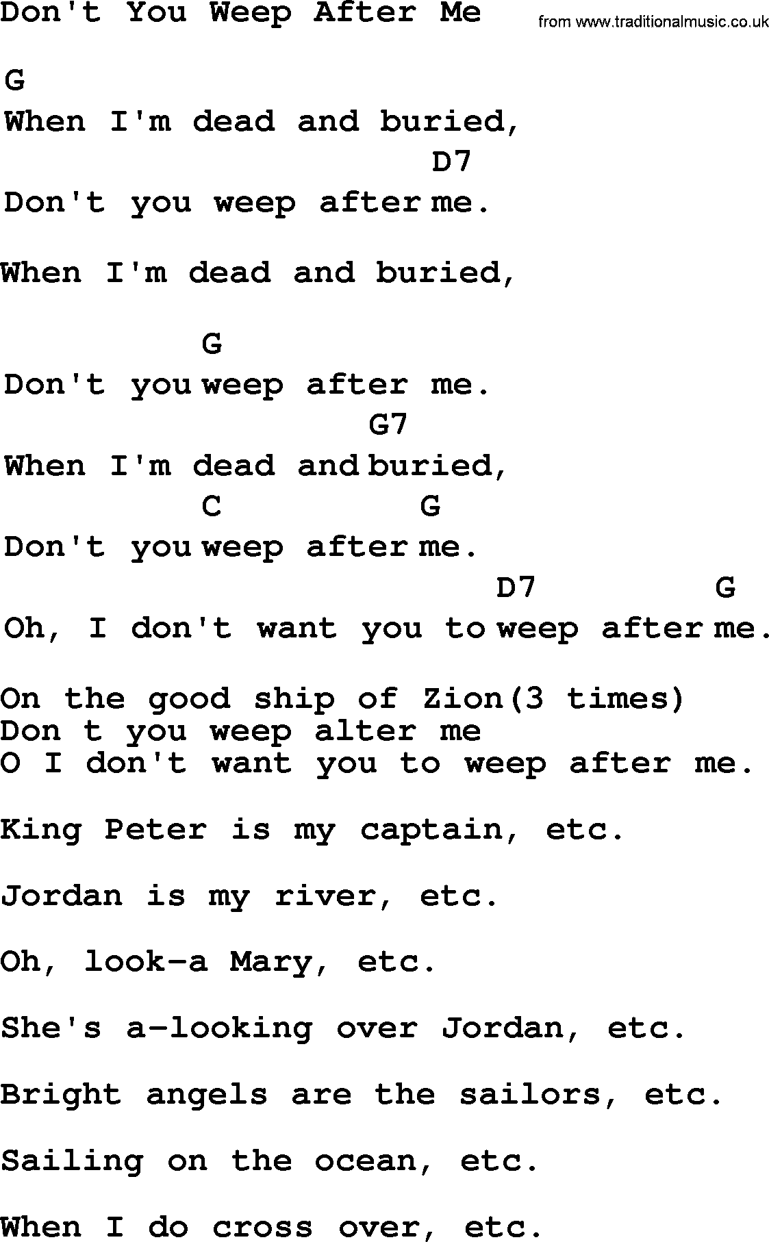 Top 1000 Most Popular Folk and Old-time Songs: Dont You Weep After Me, lyrics and chords
