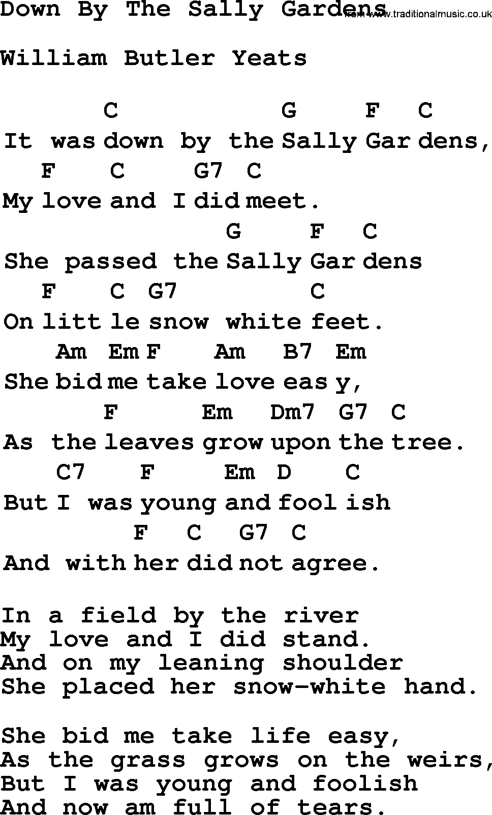 Top 1000 Most Popular Folk and Old-time Songs: Down By The Sally Gardens, lyrics and chords