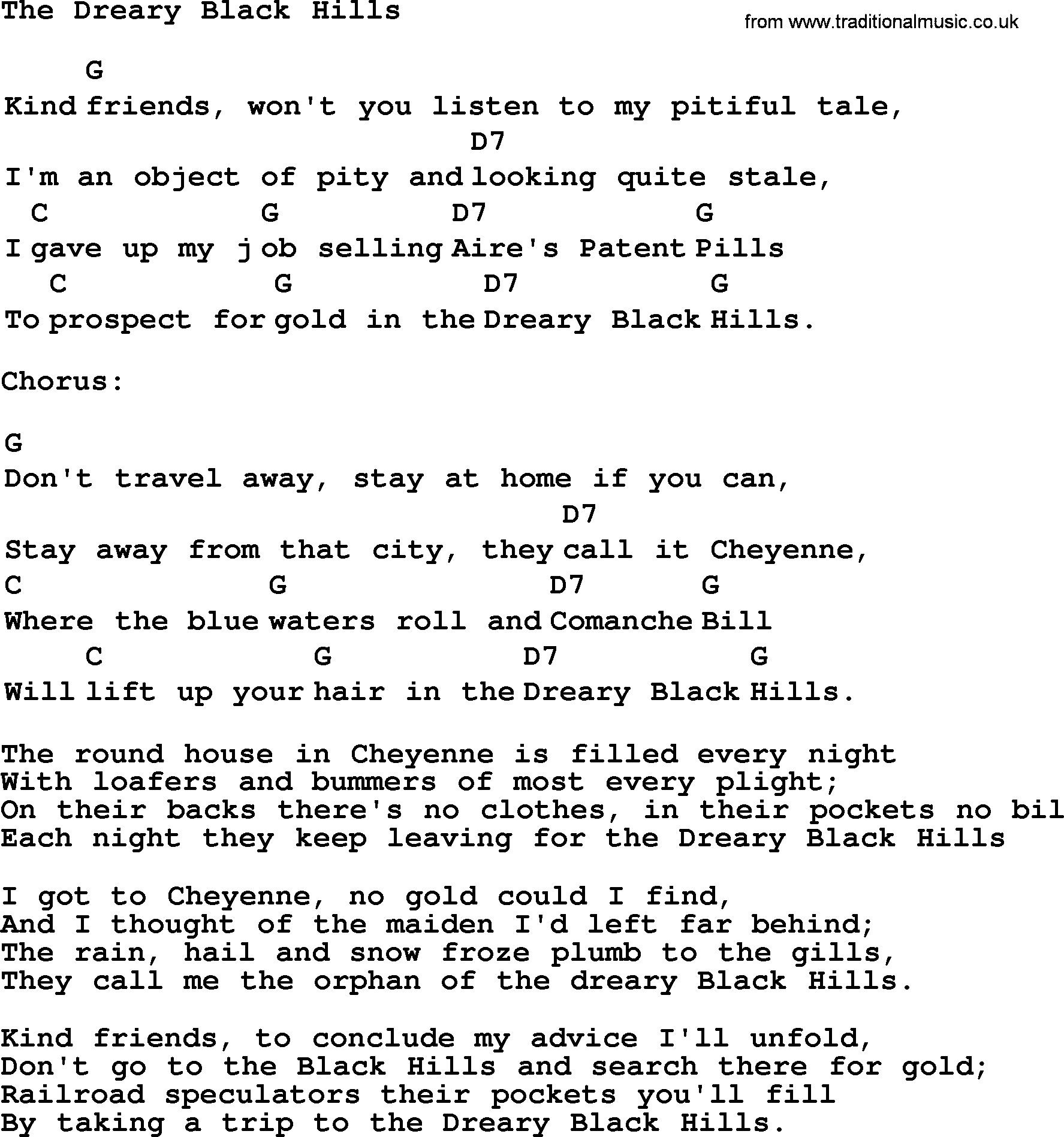 Top 1000 Most Popular Folk and Old-time Songs: Dreary Black Hills, lyrics and chords