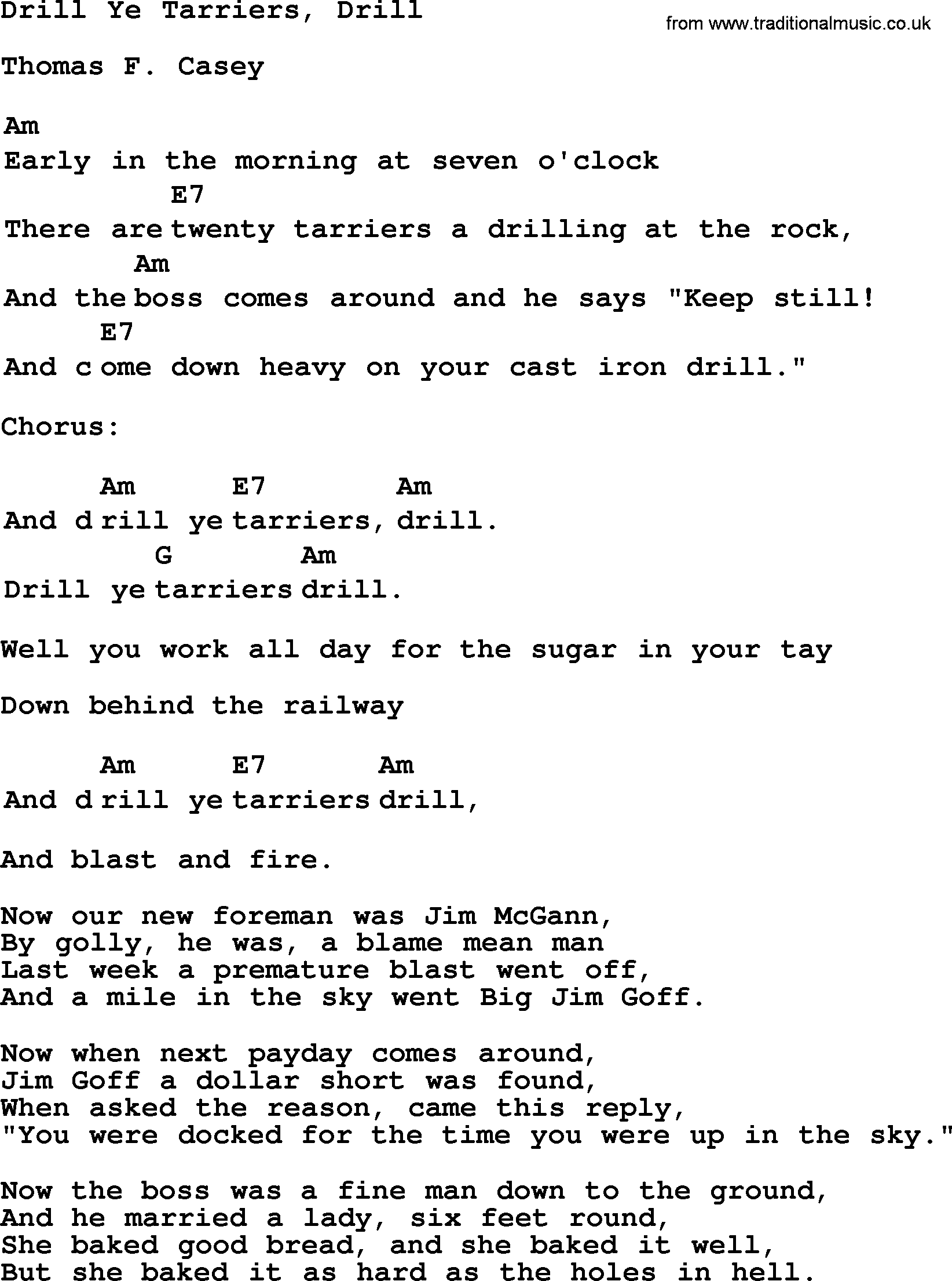 Top 1000 Most Popular Folk and Old-time Songs: Drill Ye Tarriers, Drill, lyrics and chords