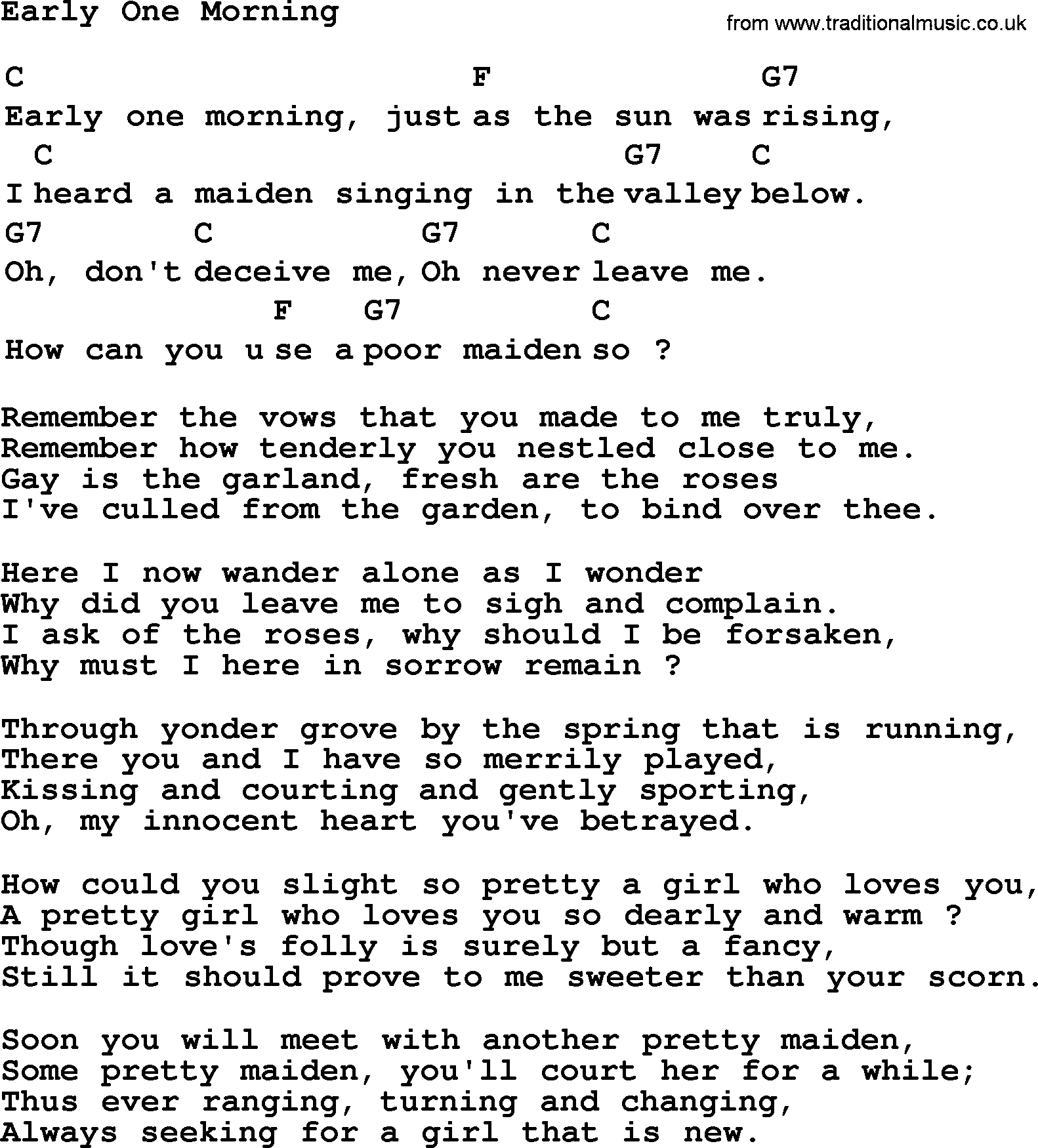Top 1000 Most Popular Folk and Old-time Songs: Early One Morning, lyrics and chords