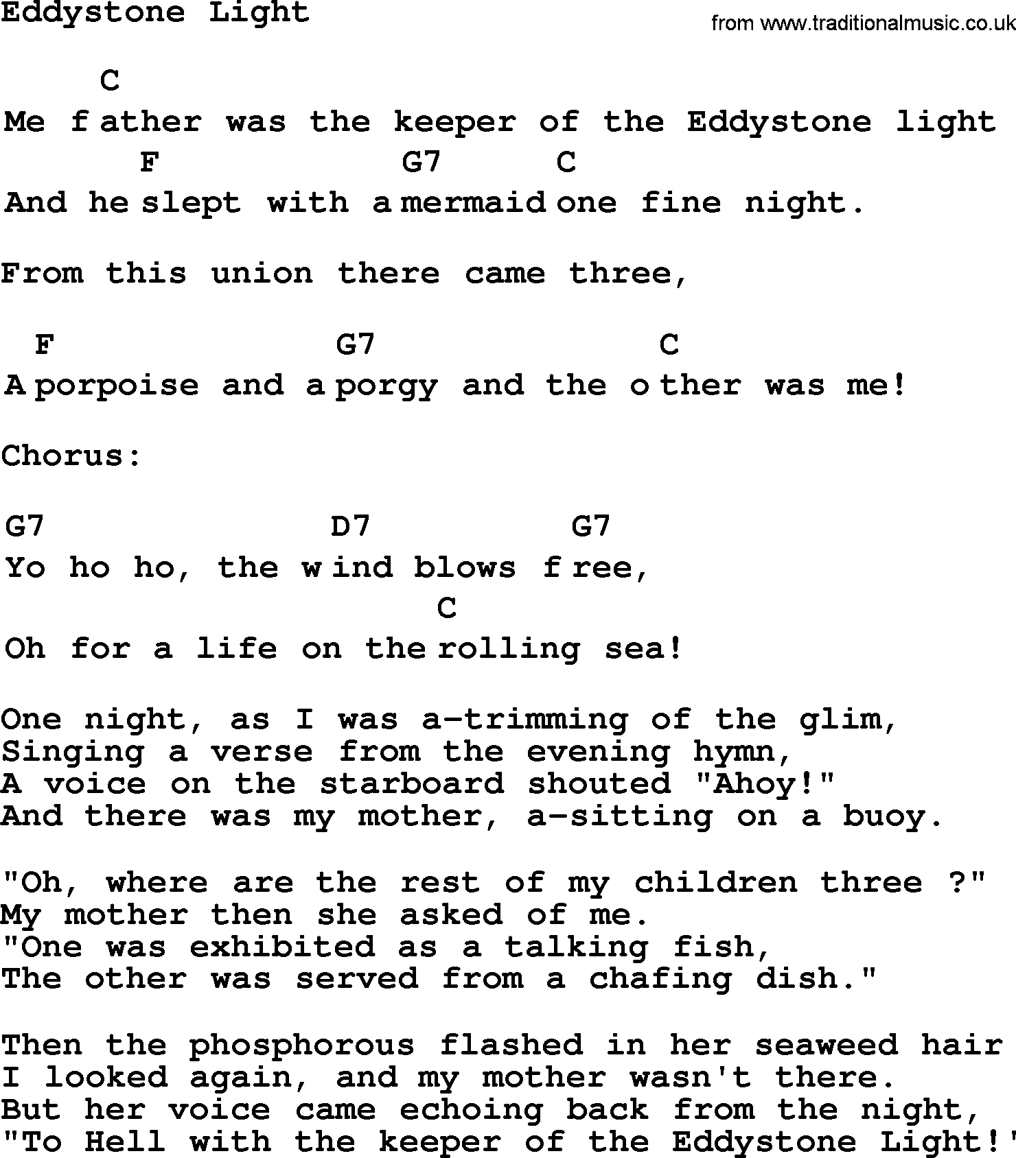 Top 1000 Most Popular Folk and Old-time Songs: Eddystone Light, lyrics and chords