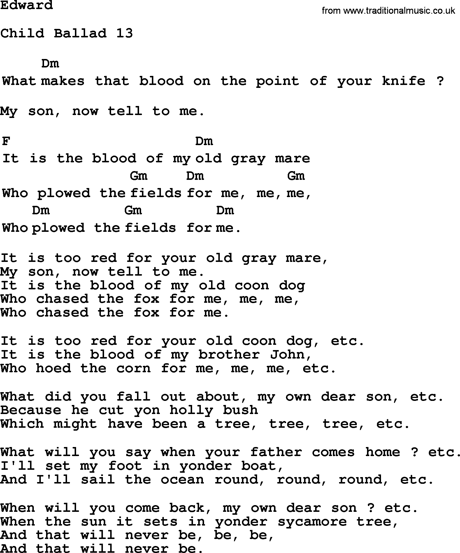 Top 1000 Most Popular Folk and Old-time Songs: Edward, lyrics and chords