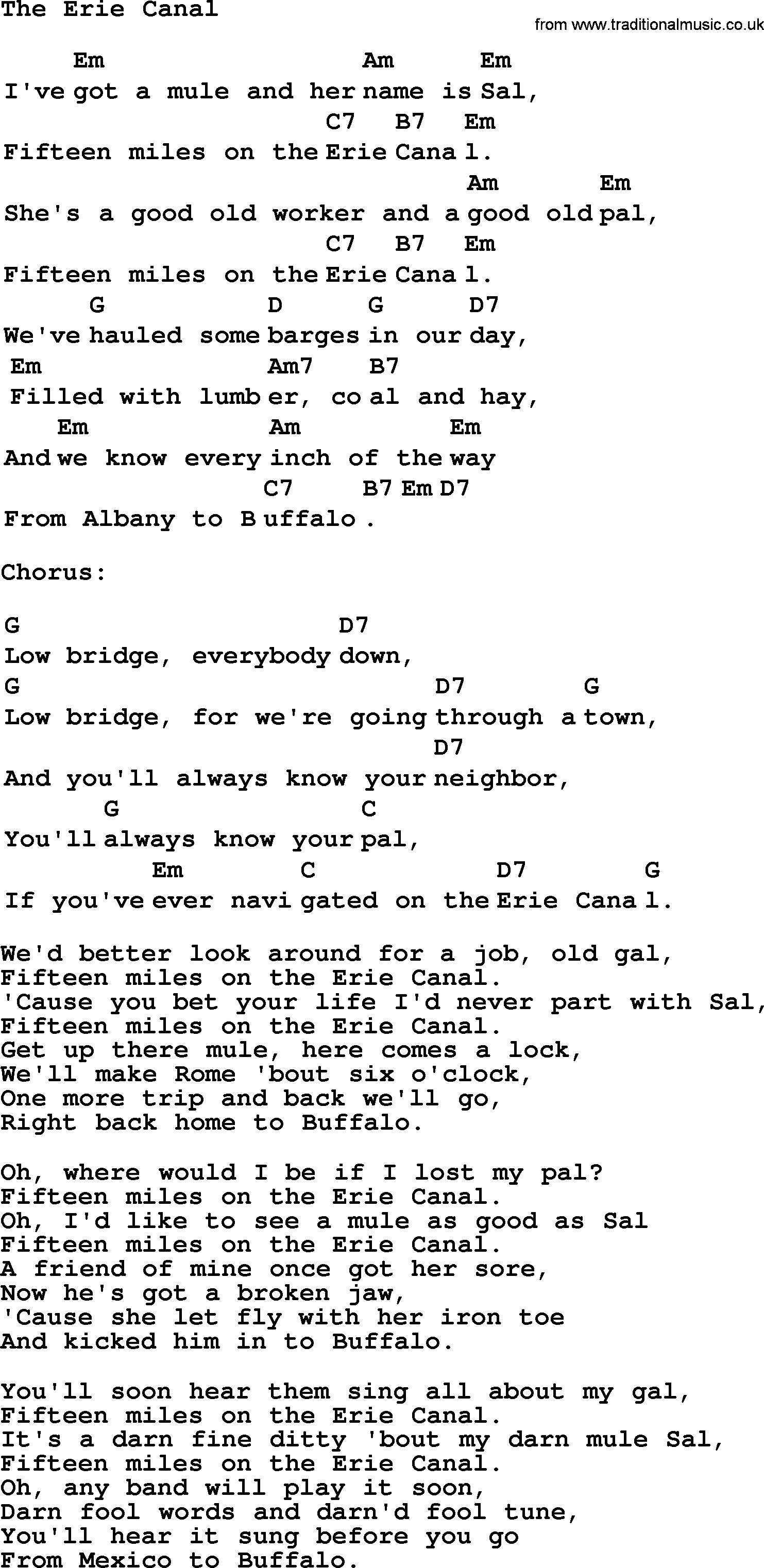Top 1000 Most Popular Folk and Old-time Songs: Erie Canal, lyrics and chords