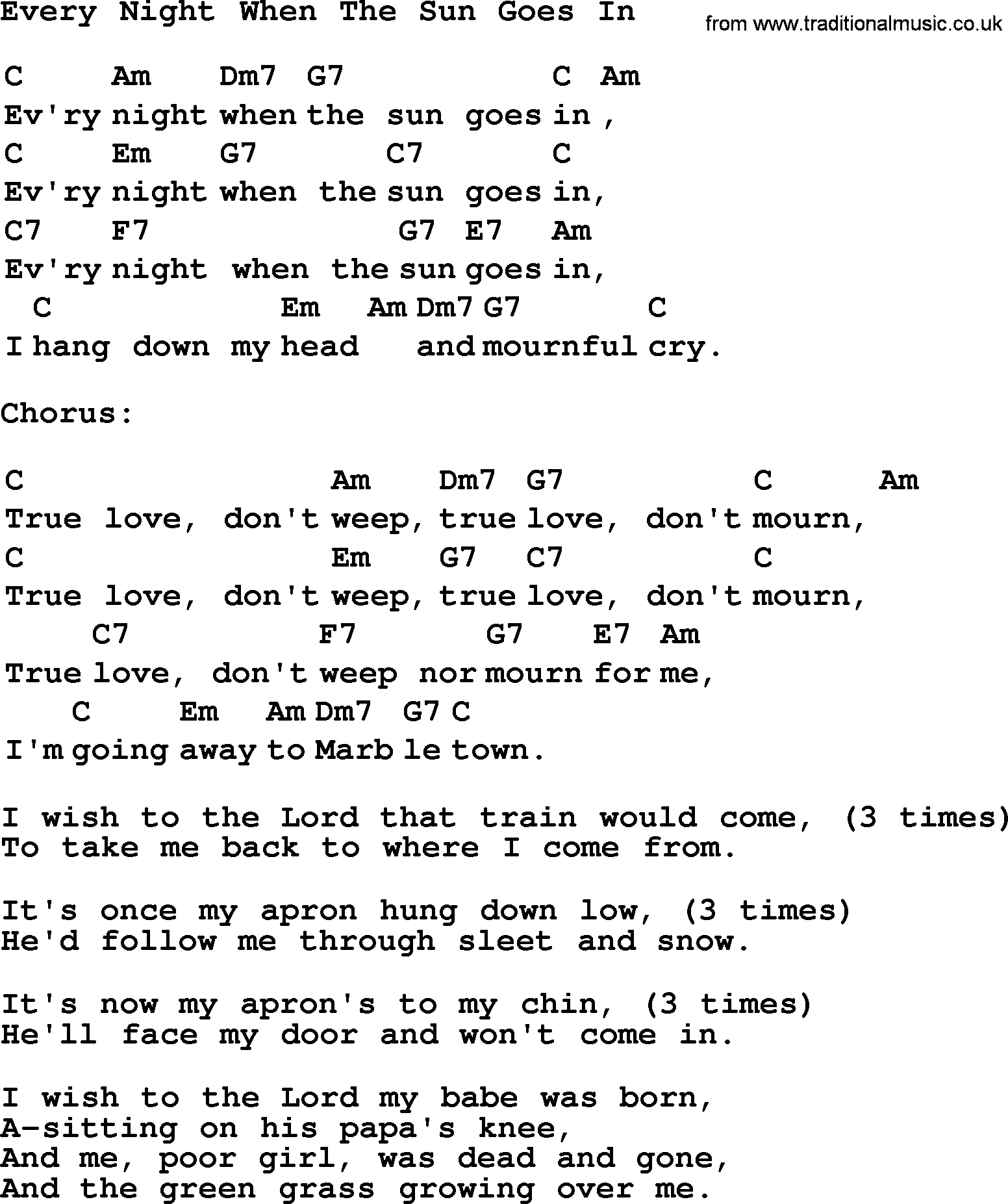 Top 1000 Most Popular Folk and Old-time Songs: Every Night When The Sun Goes In, lyrics and chords