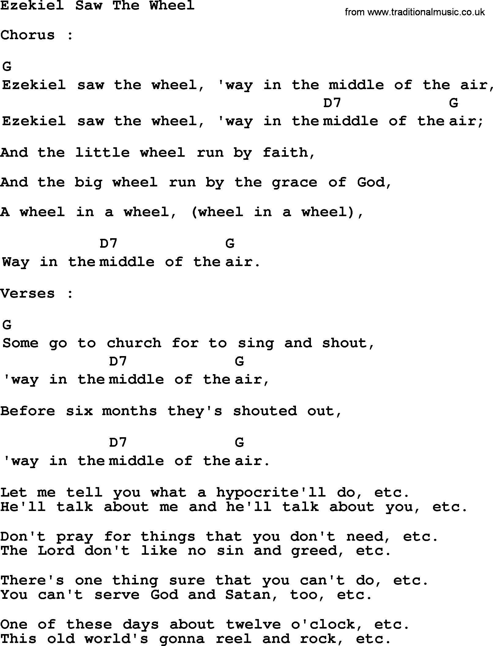 Top 1000 Most Popular Folk and Old-time Songs: Ezekiel Saw The Wheel, lyrics and chords