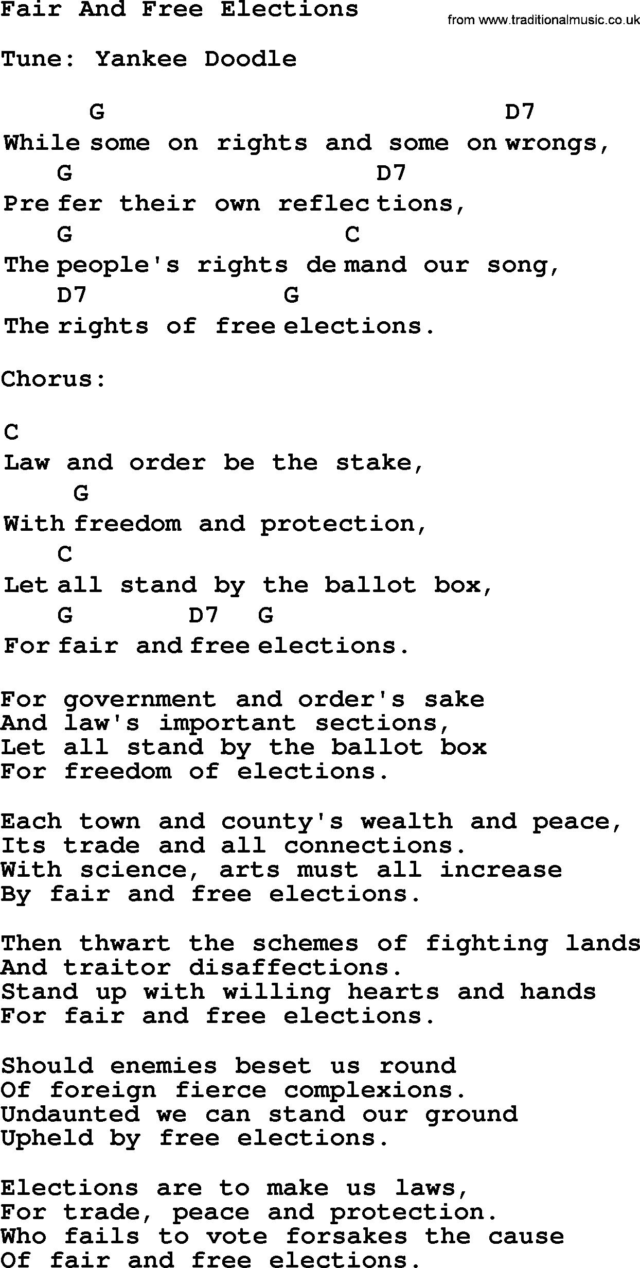 Top 1000 Most Popular Folk and Old-time Songs: Fair And Free Elections, lyrics and chords