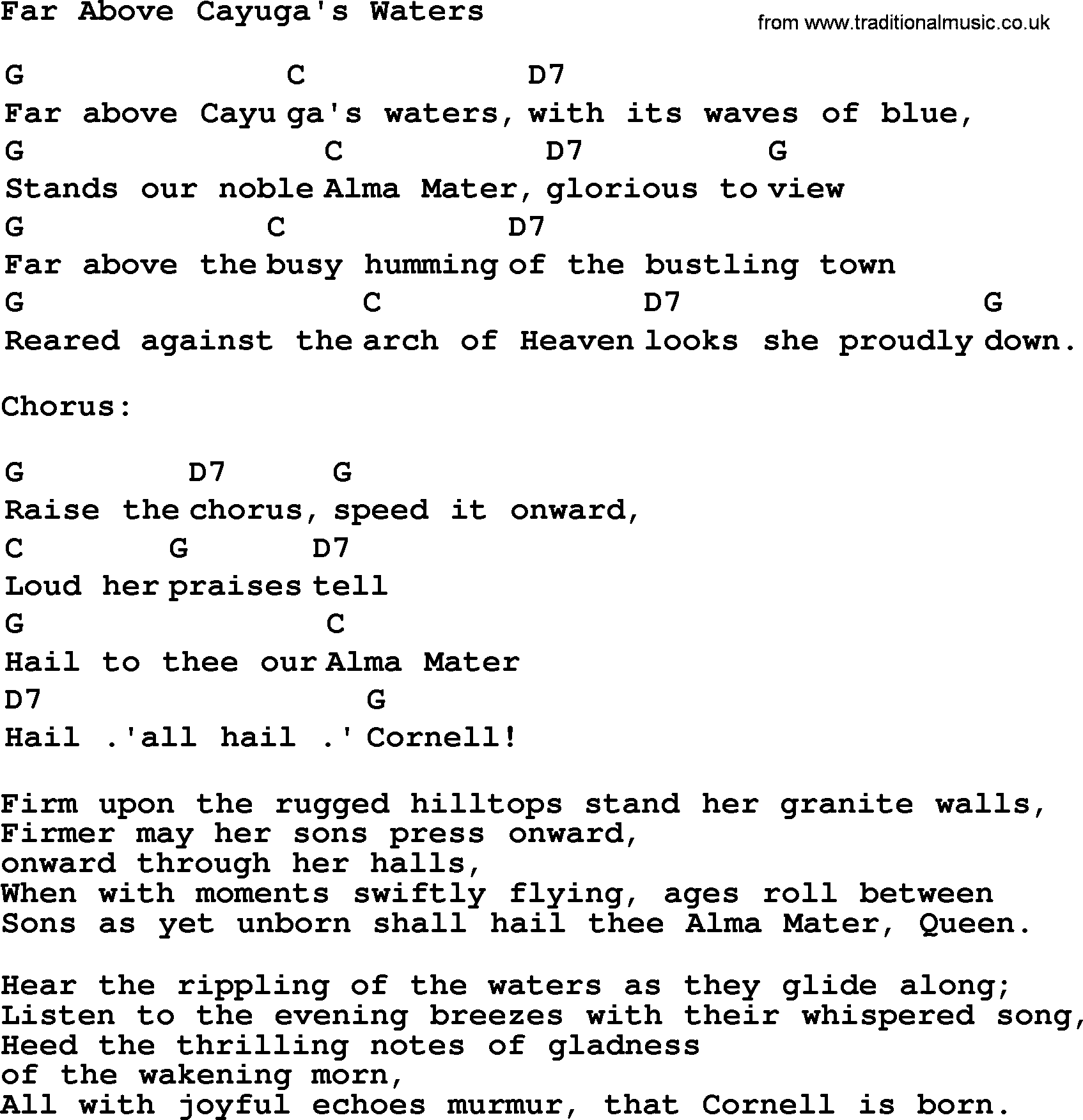 Top 1000 Most Popular Folk and Old-time Songs: Far Above Cayugas Waters, lyrics and chords