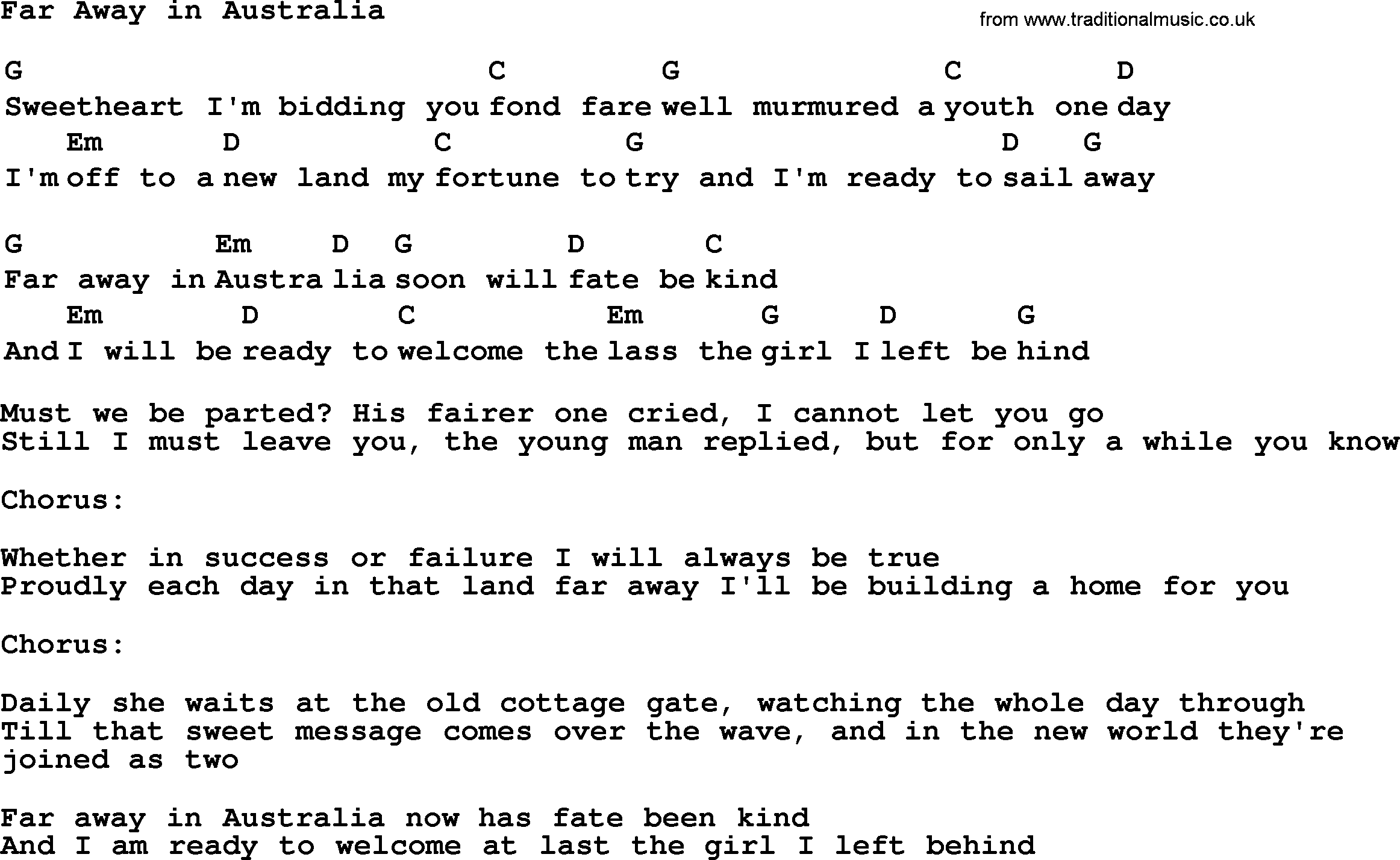 Top 1000 Most Popular Folk and Old-time Songs: Far Away in Australia, lyrics and chords