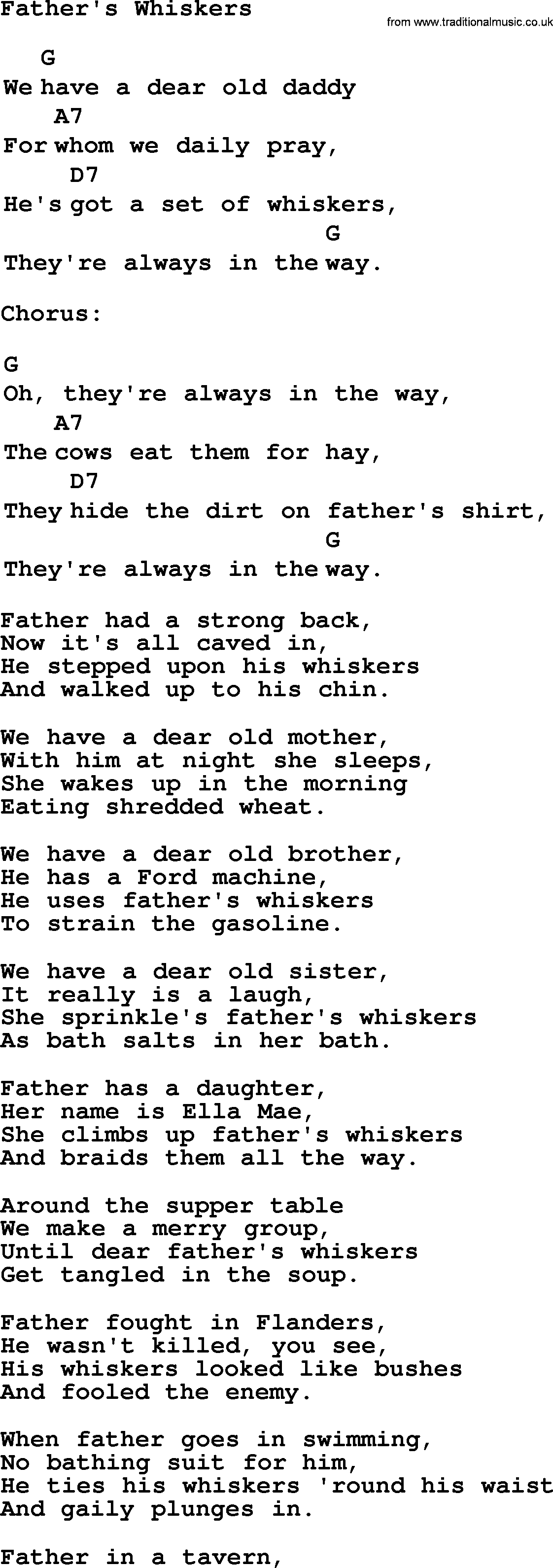 Top 1000 Most Popular Folk and Old-time Songs: Fathers Whiskers, lyrics and chords