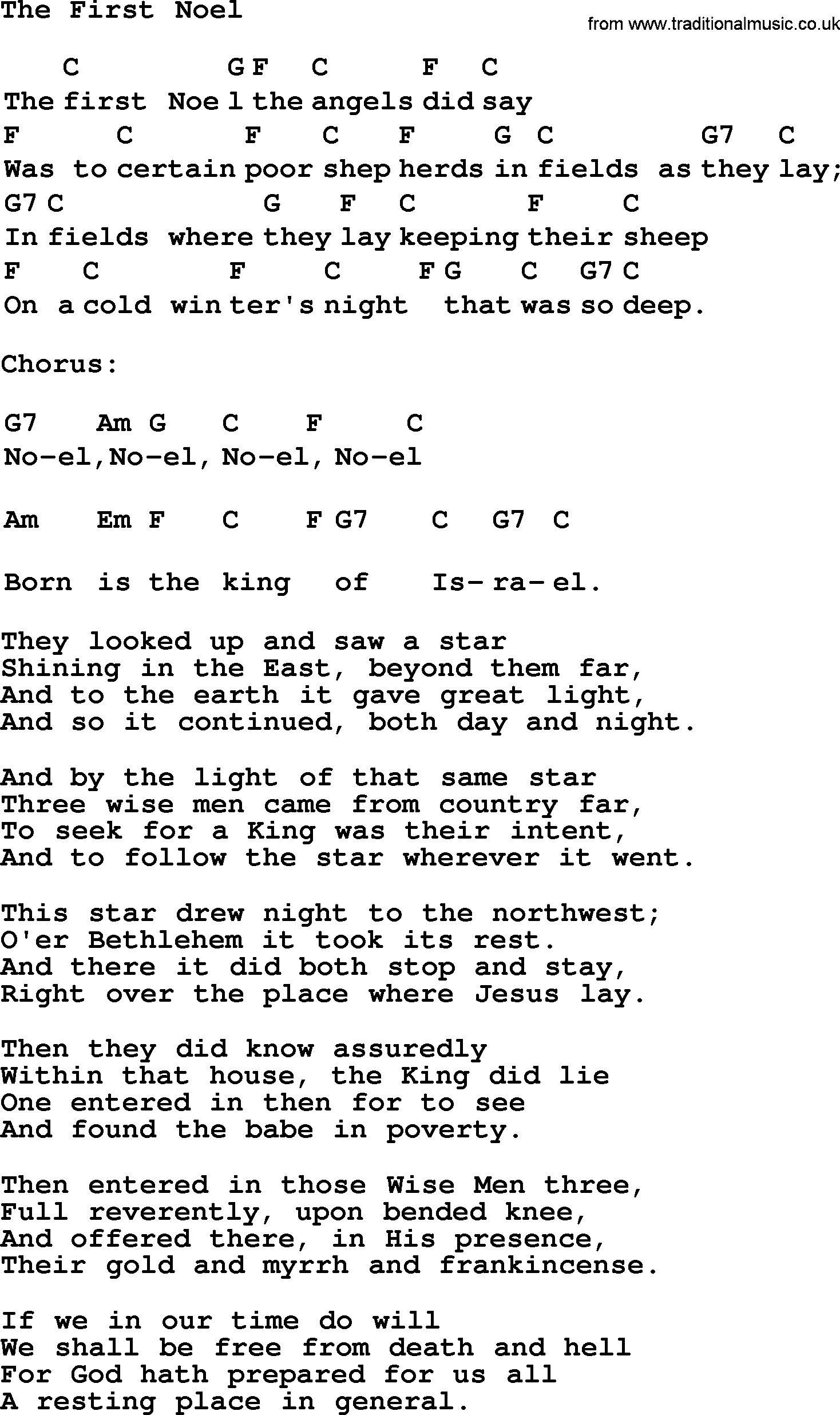Top 1000 Most Popular Folk and Old-time Songs: First Noel, lyrics and chords