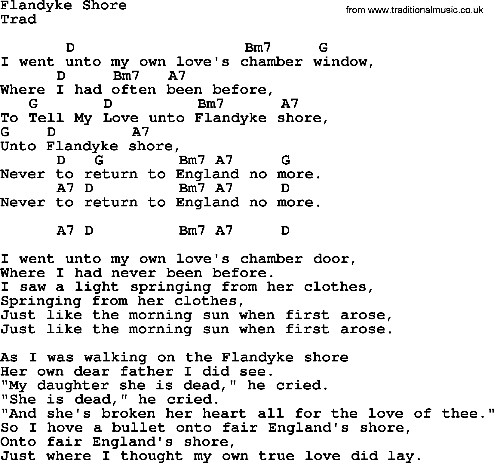 Top 1000 Most Popular Folk and Old-time Songs: Flandyke Shore, lyrics and chords