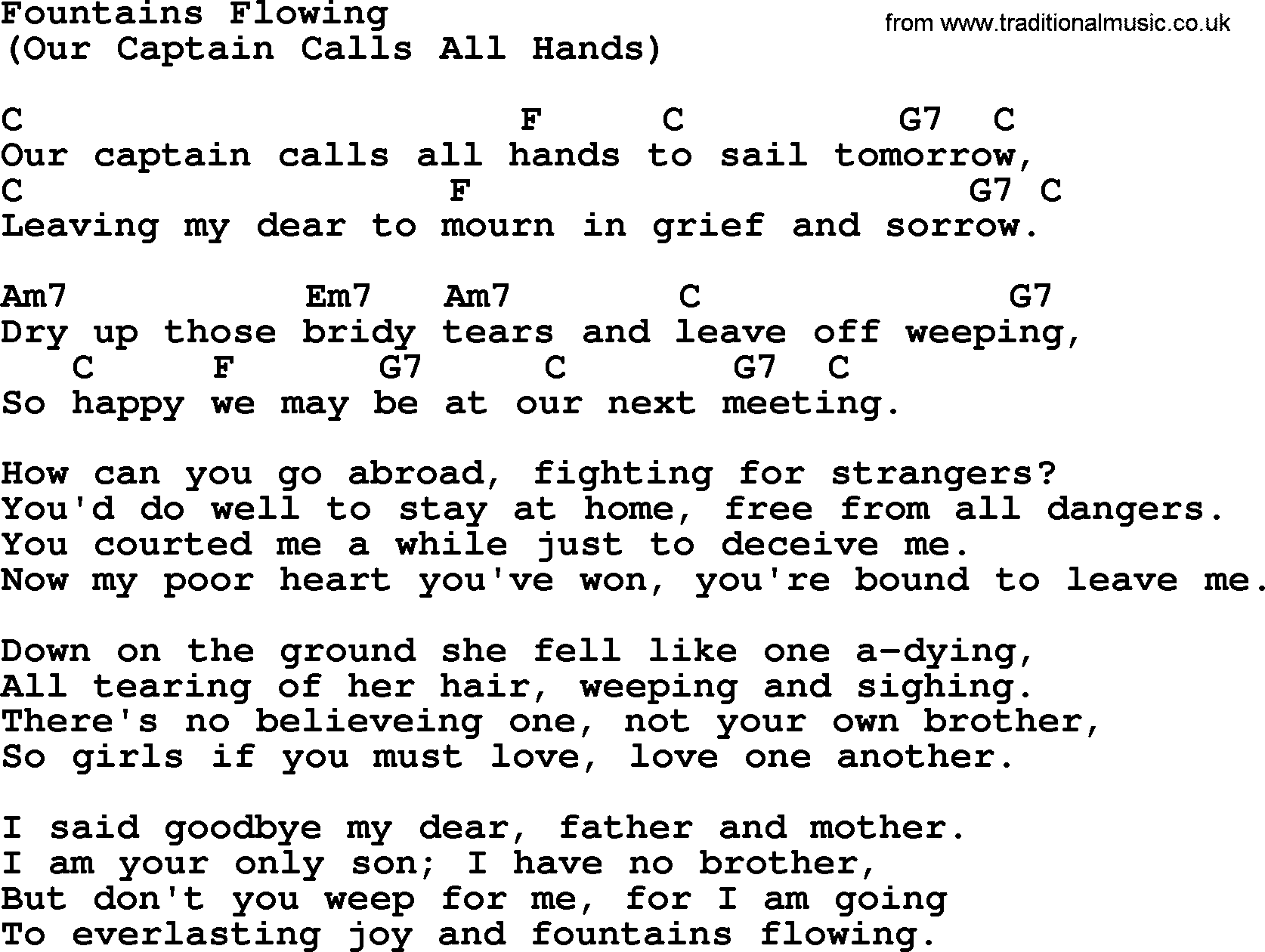 Top 1000 Most Popular Folk and Old-time Songs: Fountains Flowing, lyrics and chords