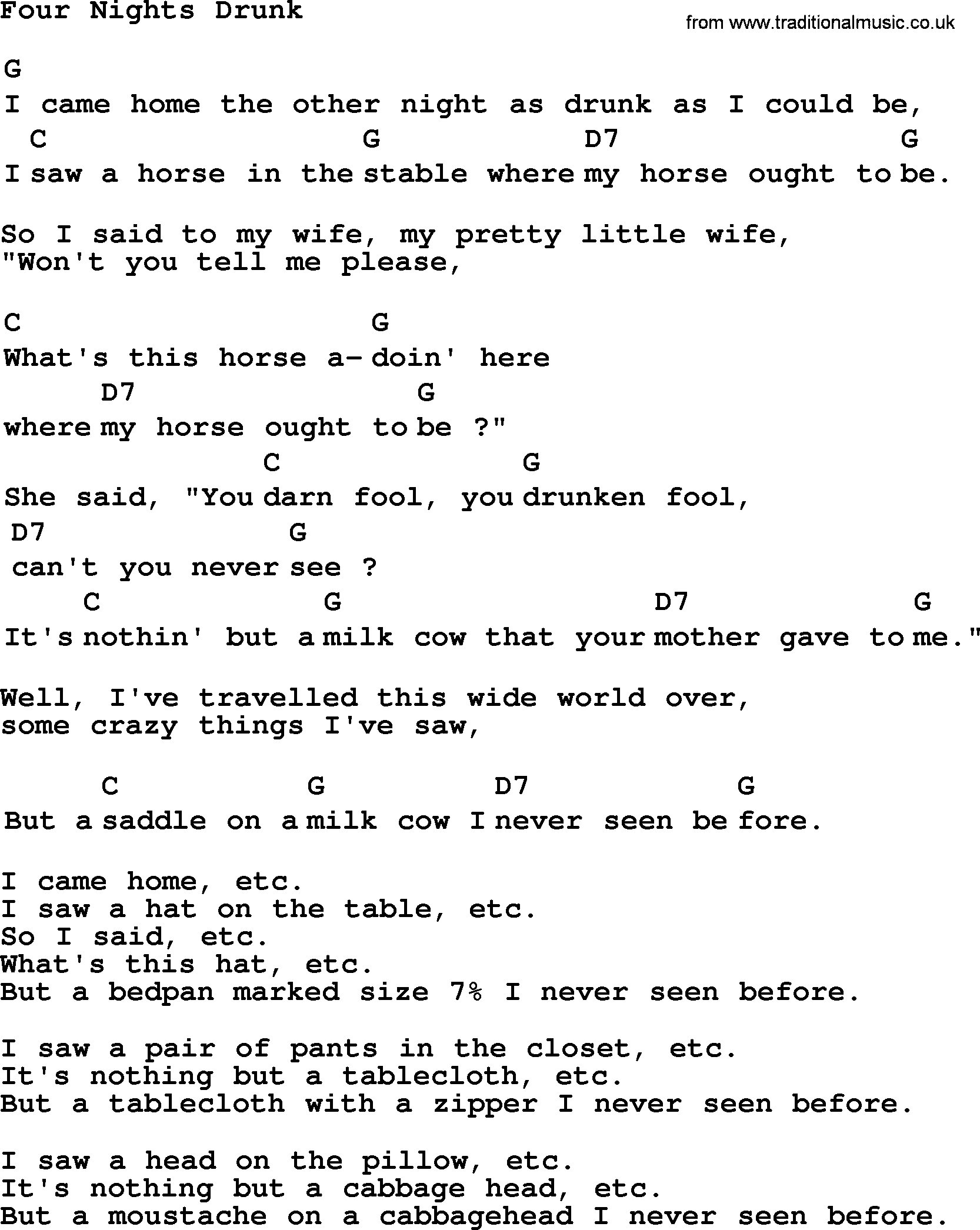 Top 1000 Most Popular Folk and Old-time Songs: Four Nights Drunk, lyrics and chords