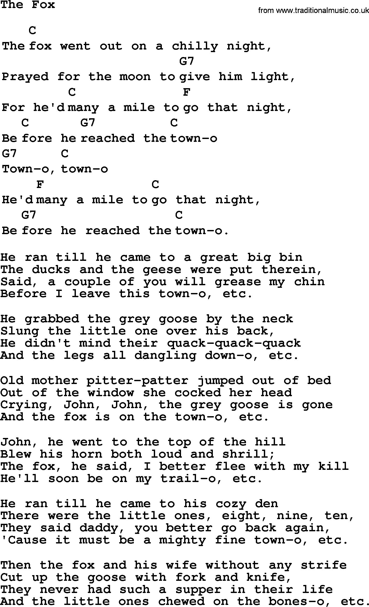 Top 1000 Most Popular Folk and Old-time Songs: Fox, lyrics and chords