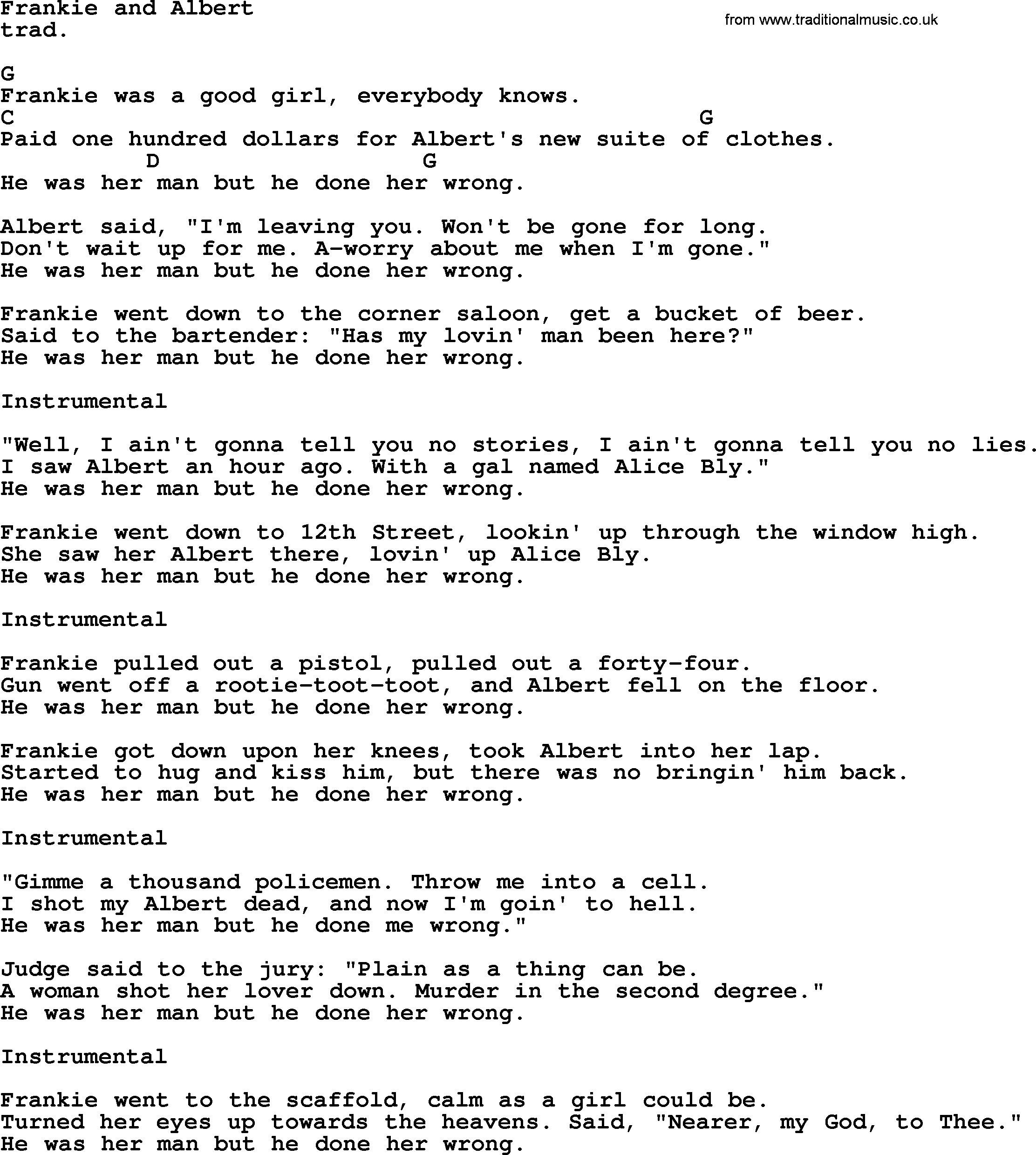 Top 1000 Most Popular Folk and Old-time Songs: Frankie And Albert, lyrics and chords