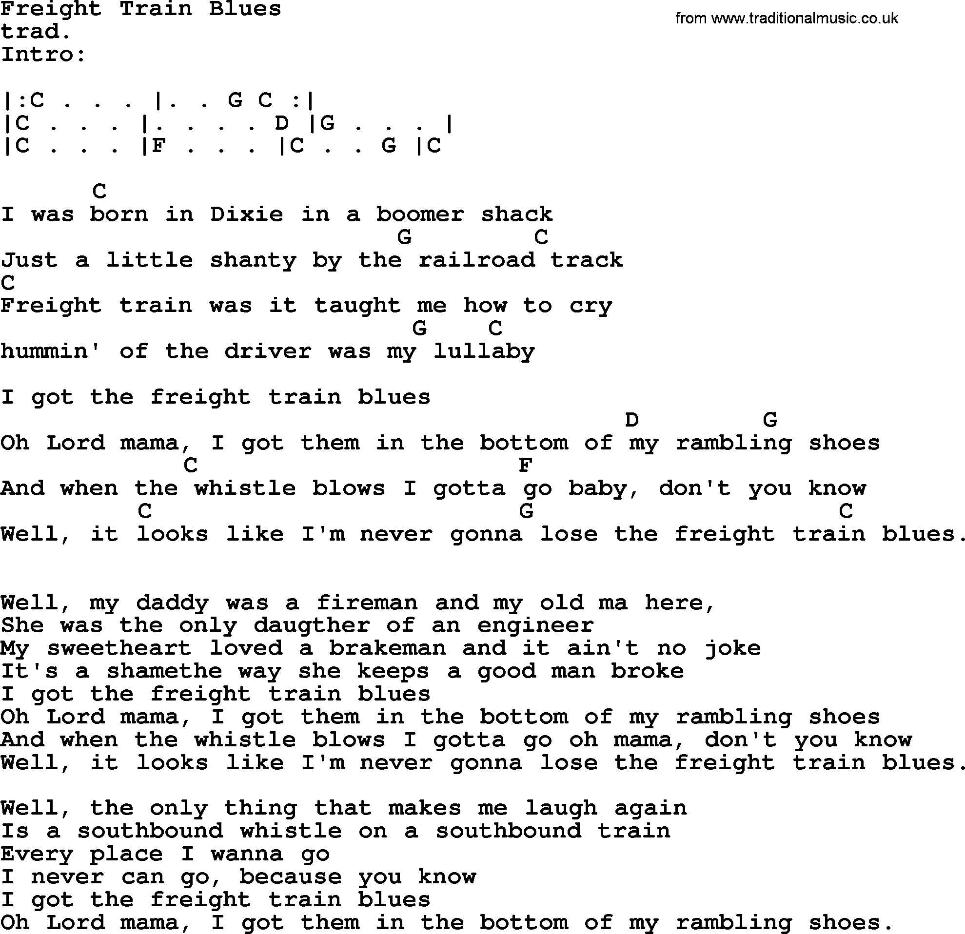 Top 1000 Most Popular Folk and Old-time Songs: Freight Train Blues, lyrics and chords