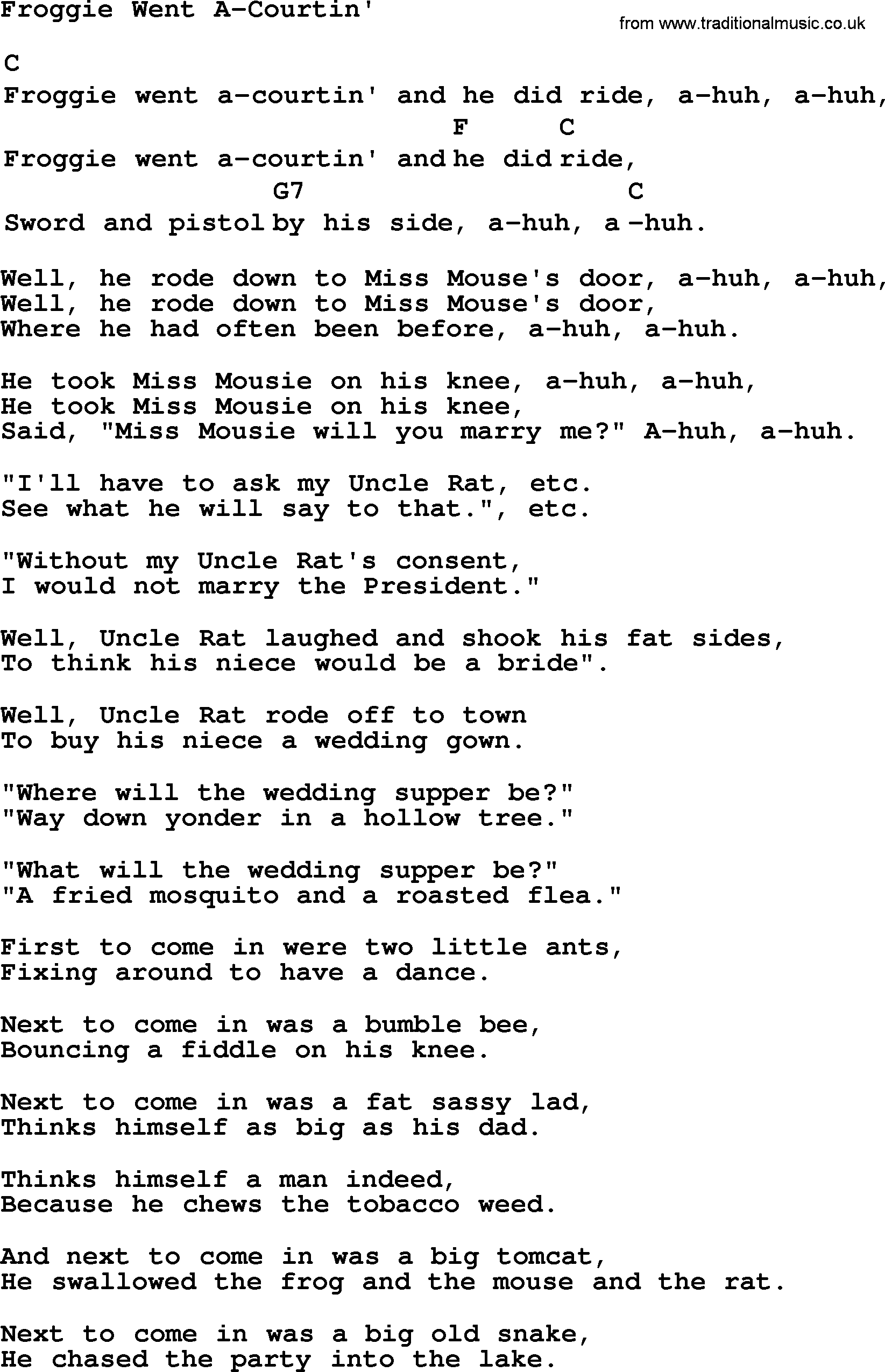 Top 1000 Most Popular Folk and Old-time Songs: Froggie Went A-Courtin, lyrics and chords