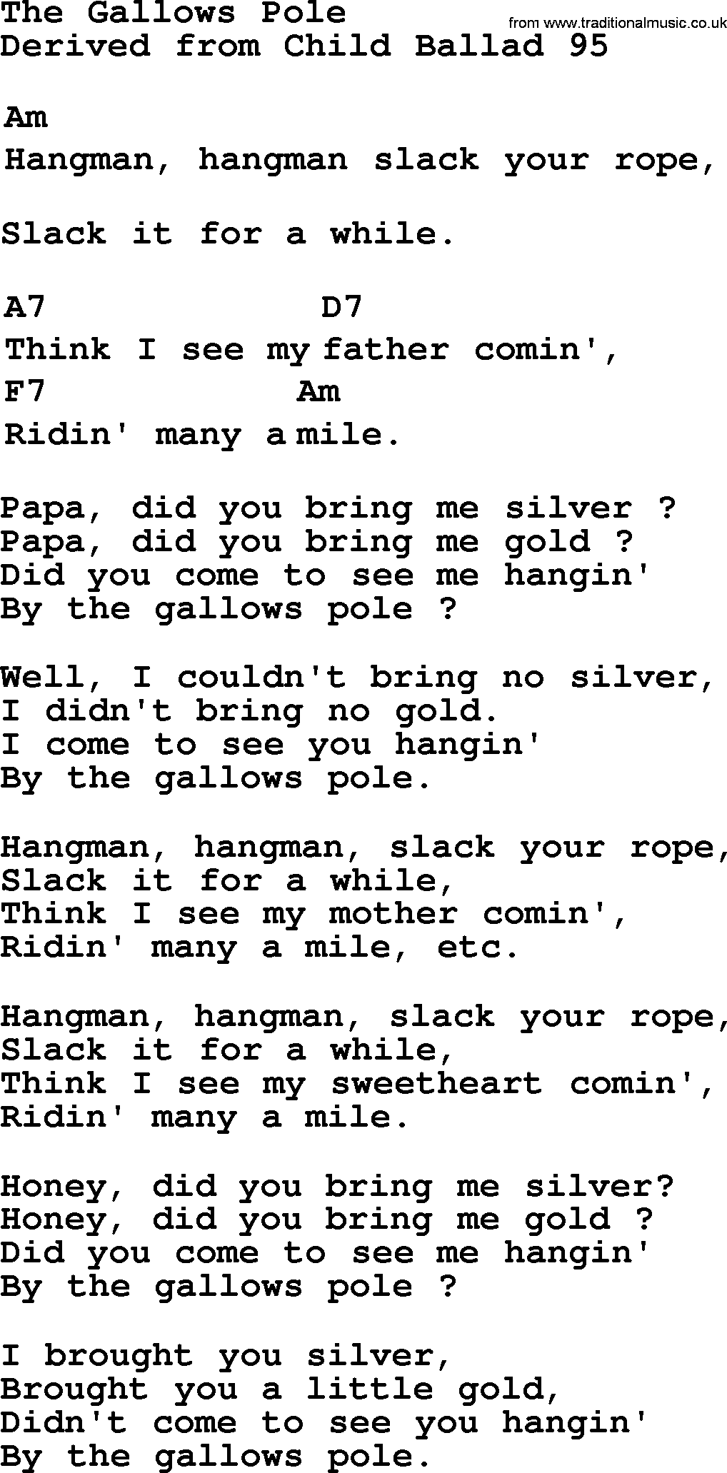 Top 1000 Most Popular Folk and Old-time Songs: Gallows Pole, lyrics and chords