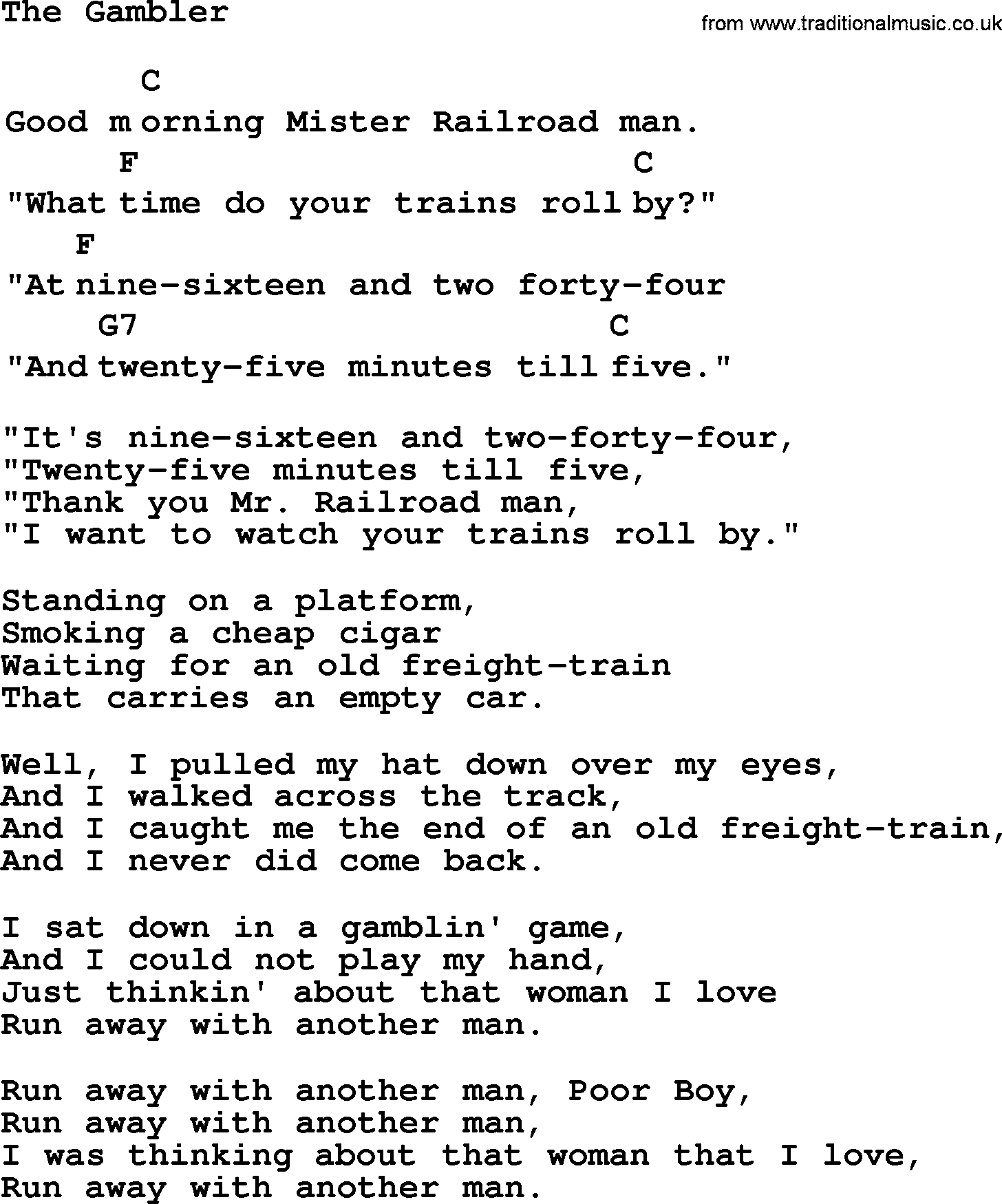Top 1000 Most Popular Folk and Old-time Songs: Gambler, lyrics and chords