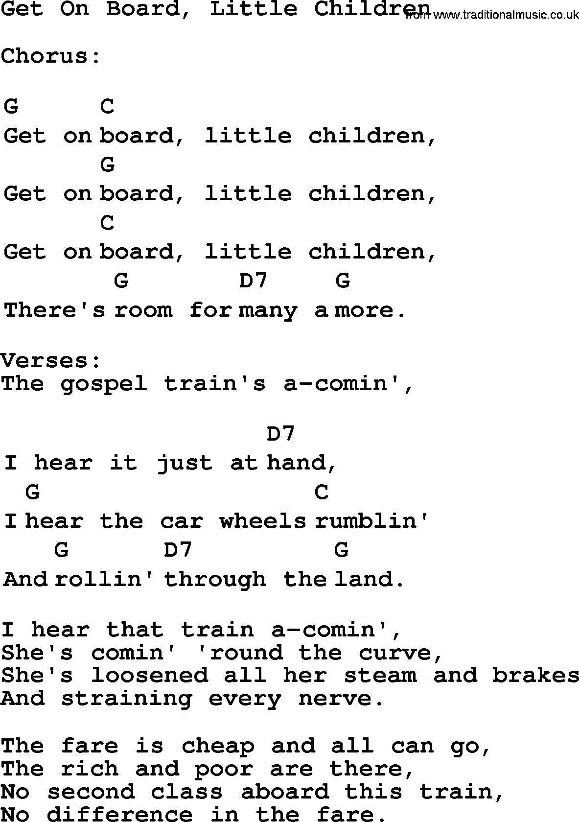 Top 1000 Most Popular Folk and Old-time Songs: Get On Board, Little Children, lyrics and chords