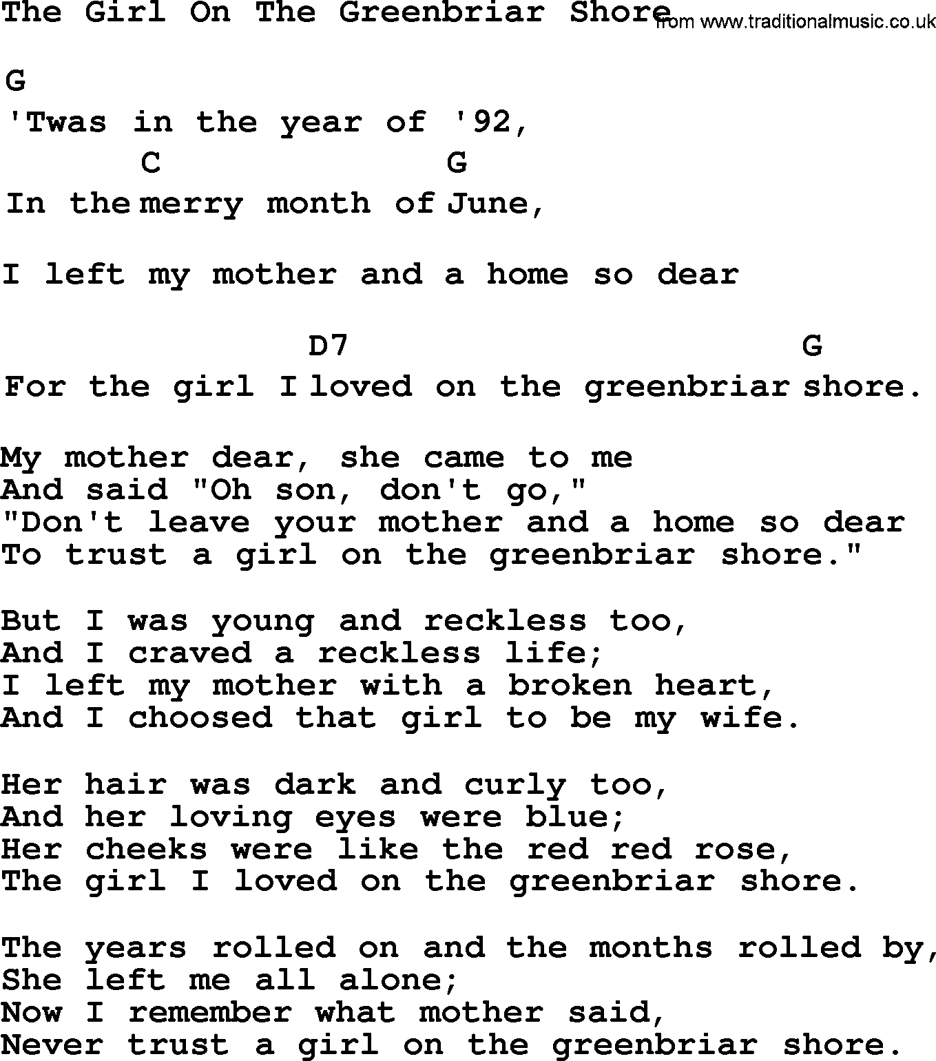 Top 1000 Most Popular Folk and Old-time Songs: Girl On The Greenbriar Shore, lyrics and chords