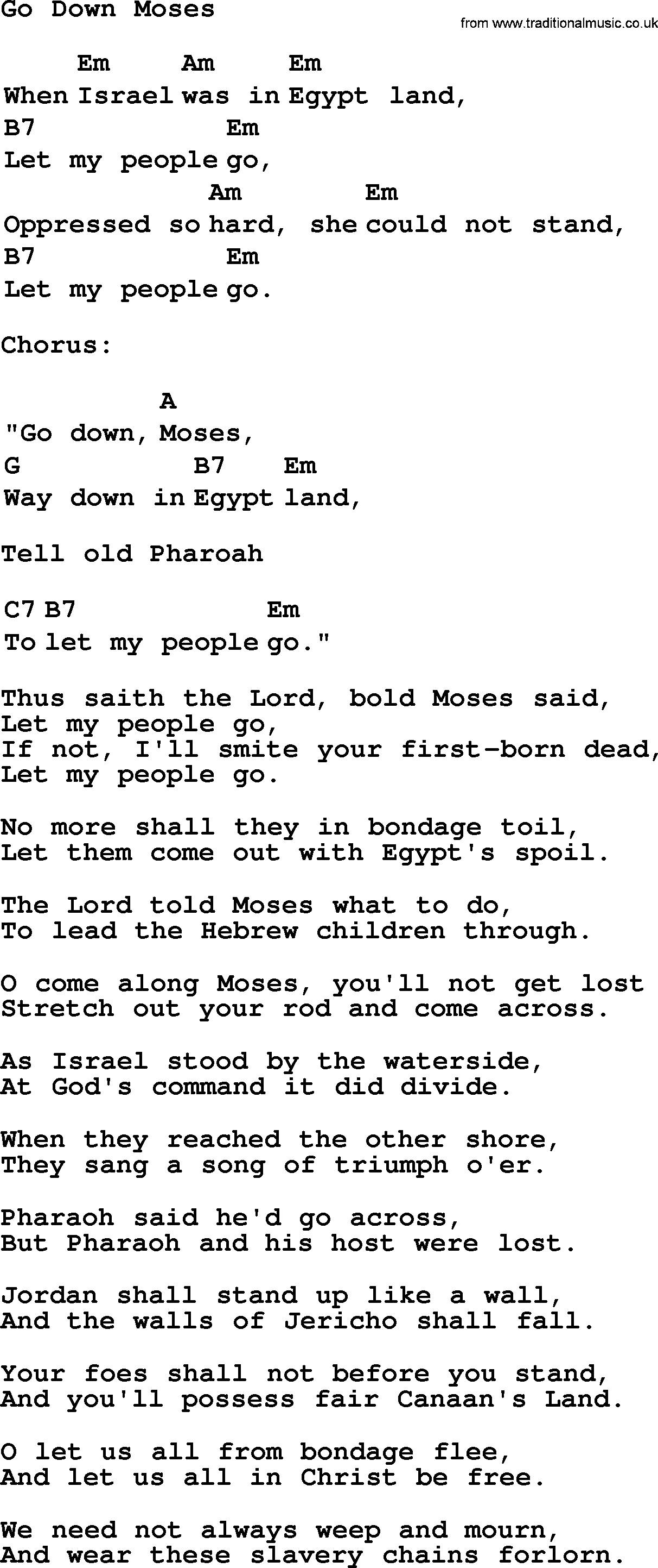 Top 1000 Most Popular Folk and Old-time Songs: Go Down Moses, lyrics and chords
