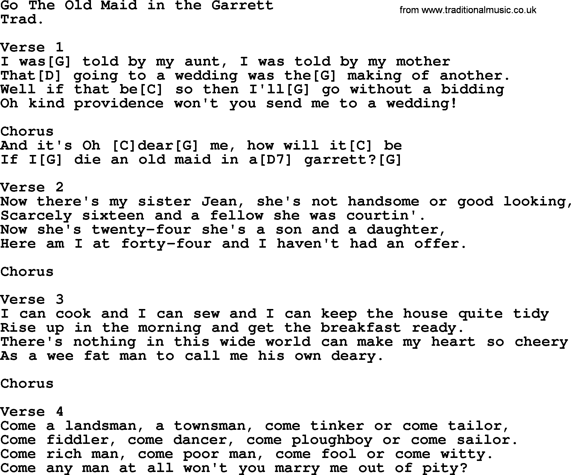 Top 1000 Most Popular Folk and Old-time Songs: Go The Old Maid In The Garrett, lyrics and chords