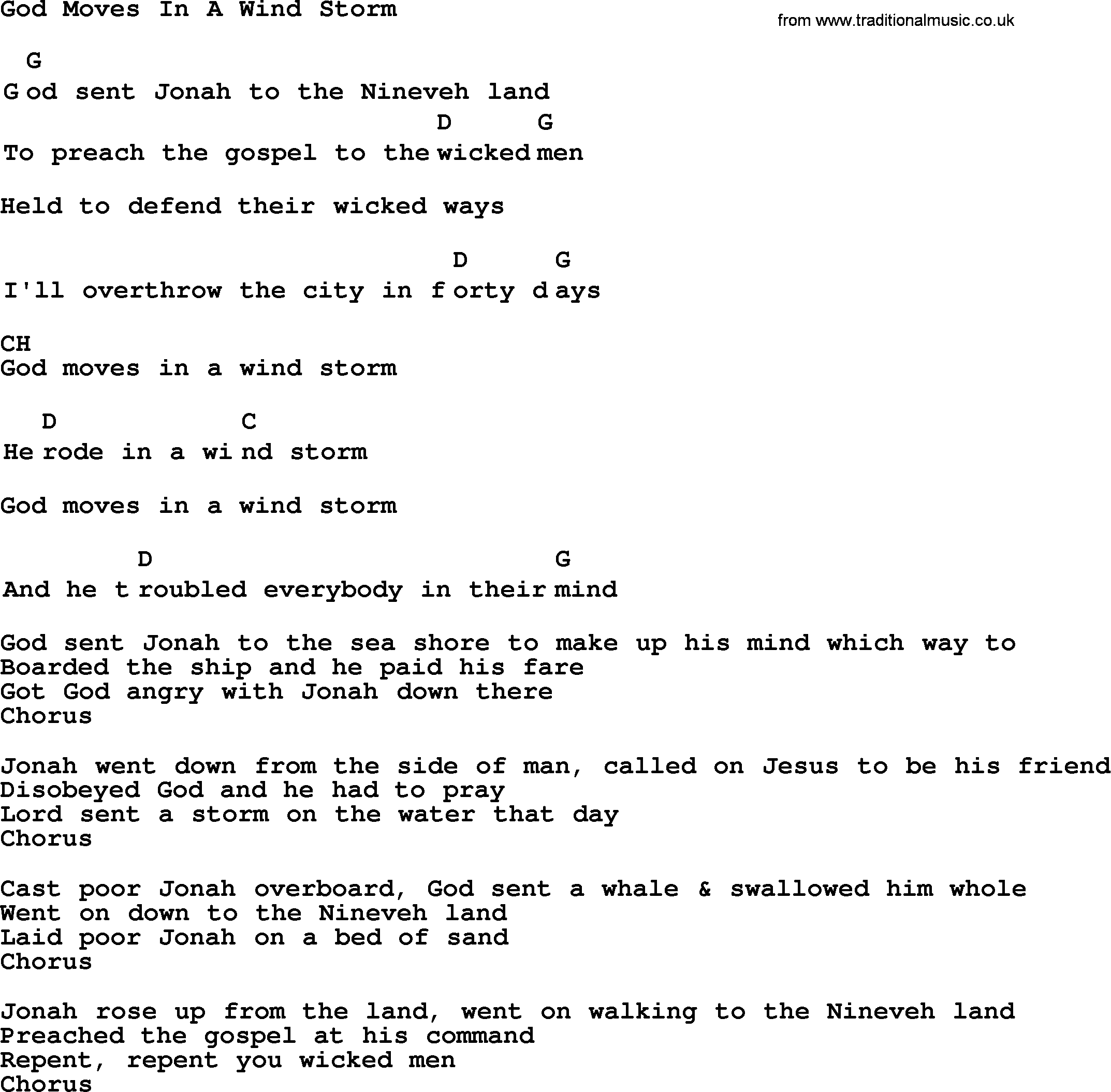 Top 1000 Most Popular Folk and Old-time Songs: God Moves In A Wind Storm, lyrics and chords