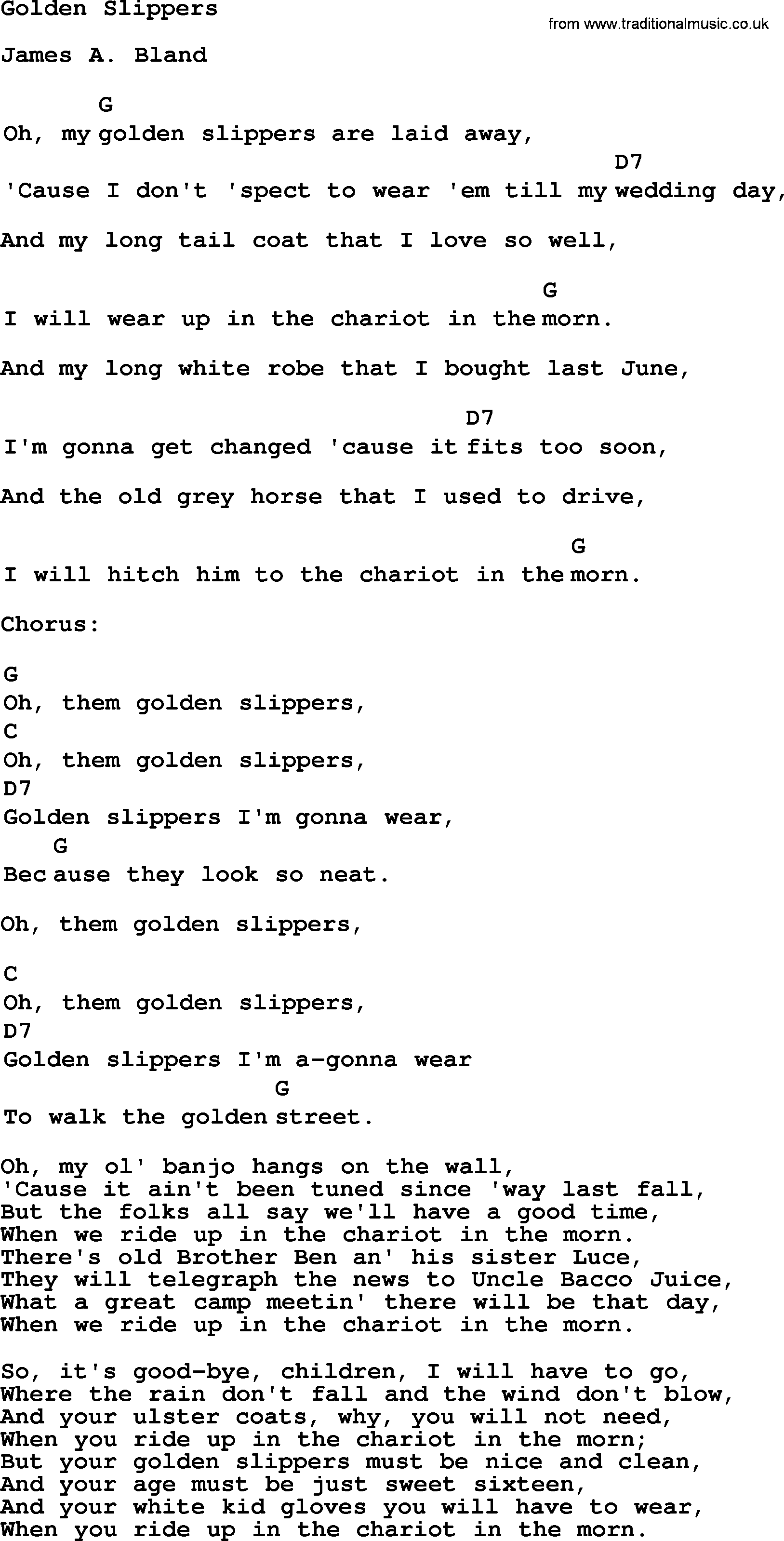 Top 1000 Most Popular Folk and Old-time Songs: Golden Slippers, lyrics and chords