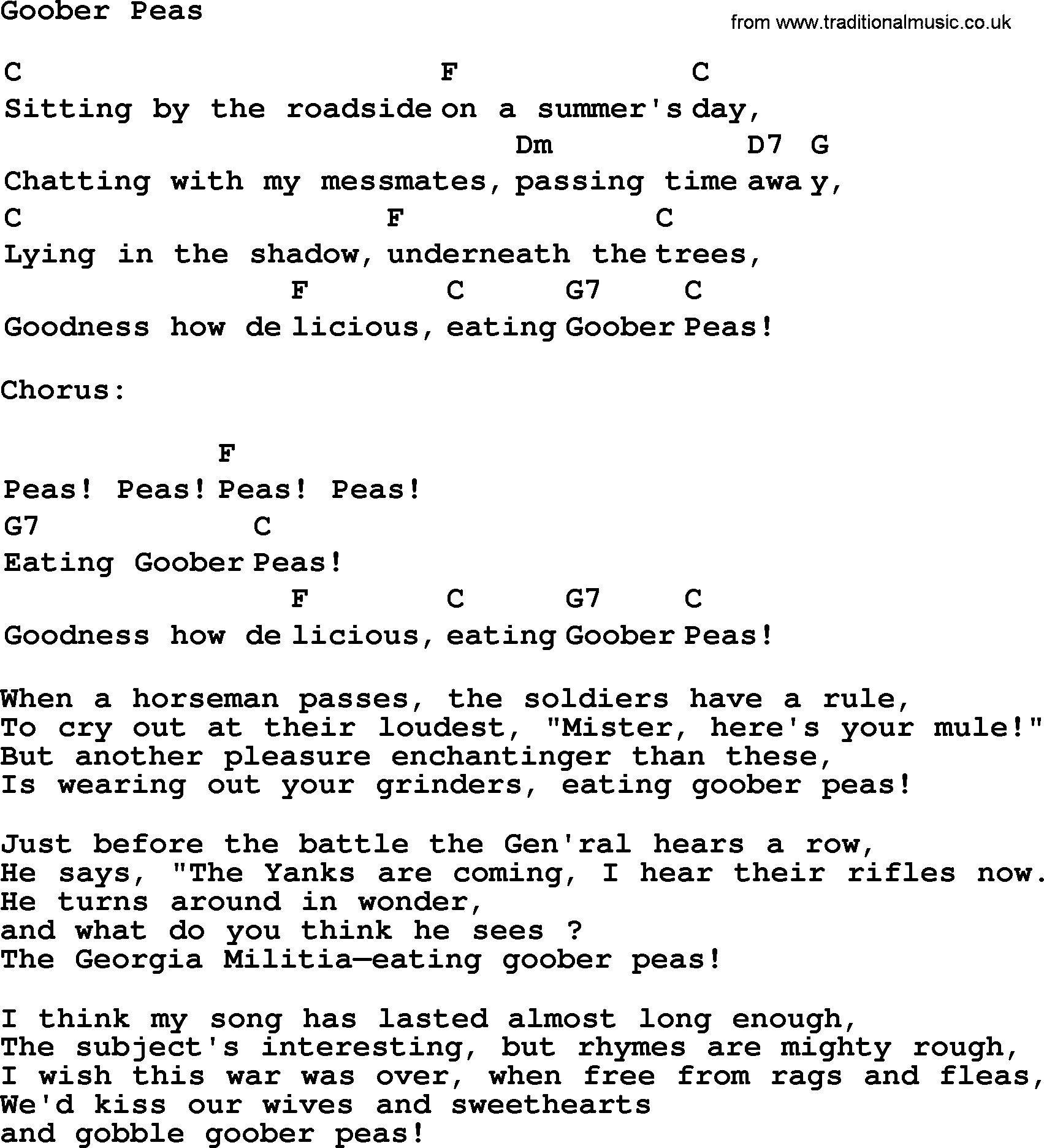 Top 1000 Most Popular Folk and Old-time Songs: Goober Peas, lyrics and chords