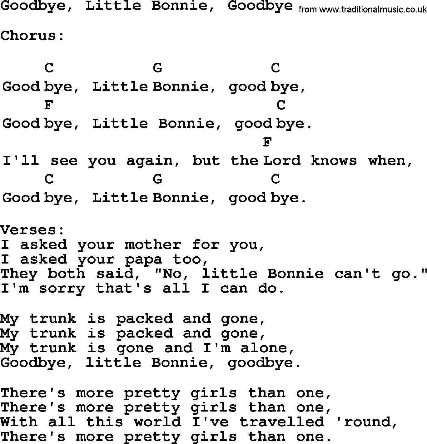 Top 1000 Most Popular Folk and Old-time Songs: Goodbye, Little Bonnie, Goodbye, lyrics and chords