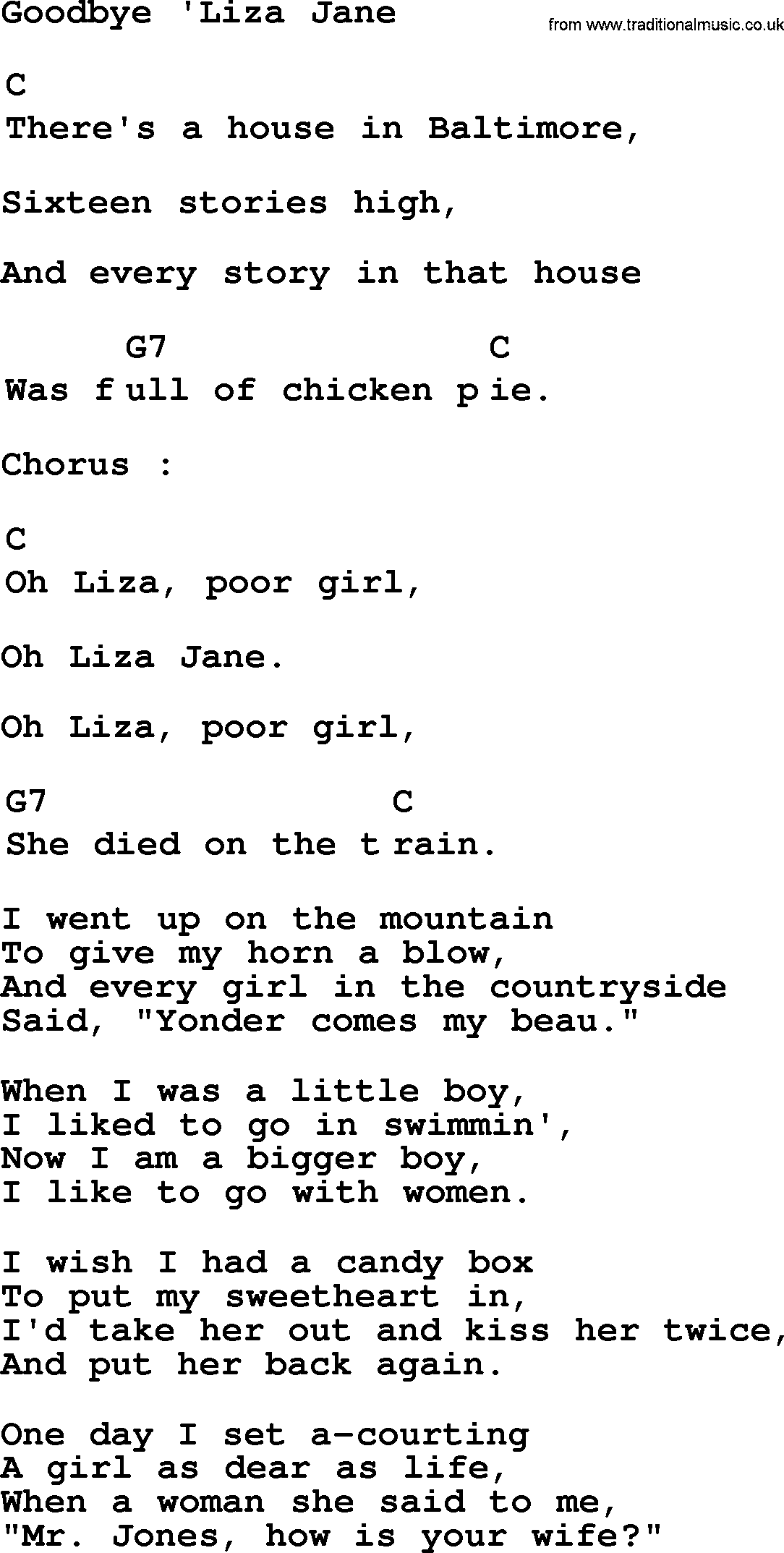 Top 1000 Most Popular Folk and Old-time Songs: Goodbye Liza Jane, lyrics and chords