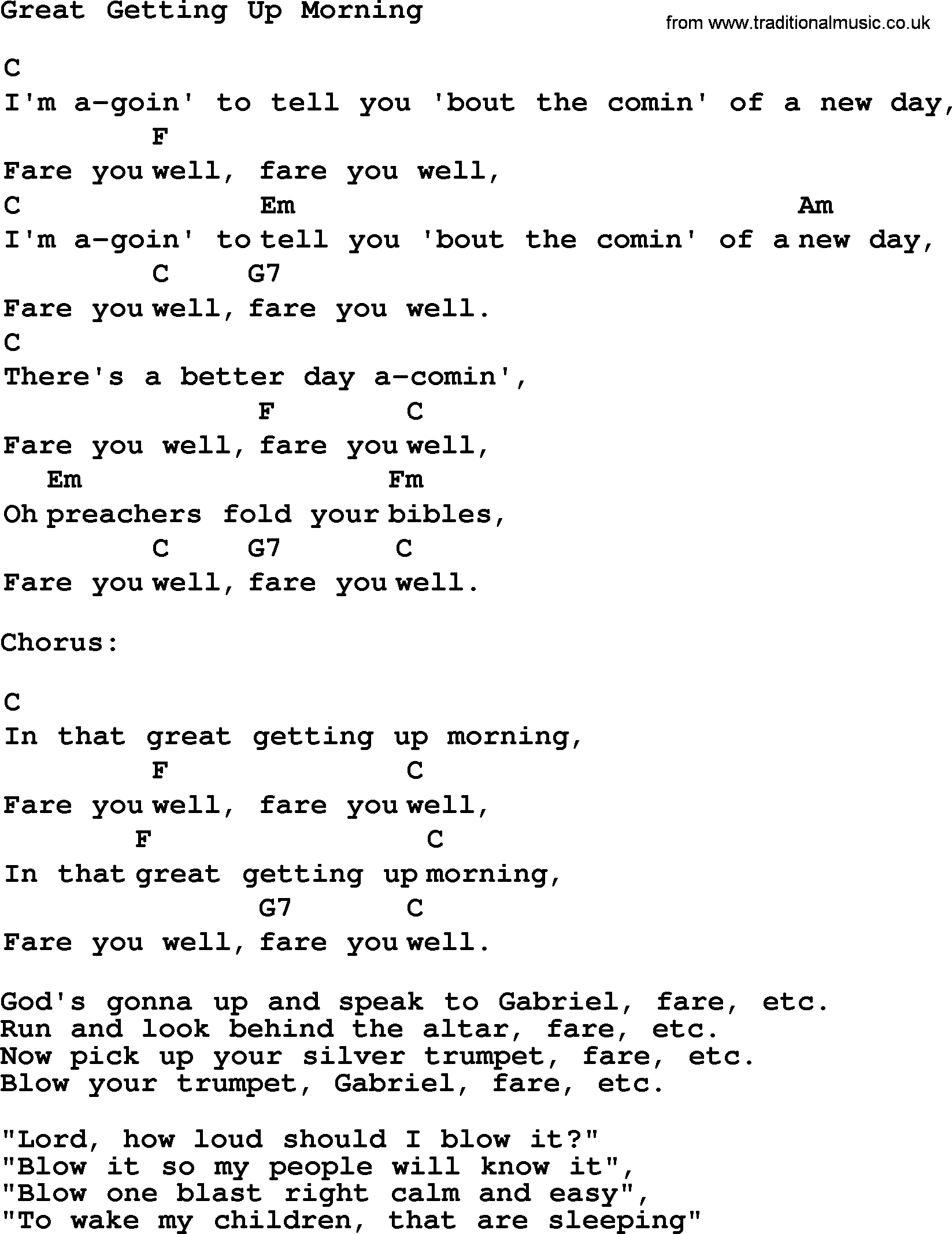 Top 1000 Most Popular Folk and Old-time Songs: Great Getting Up Morning, lyrics and chords