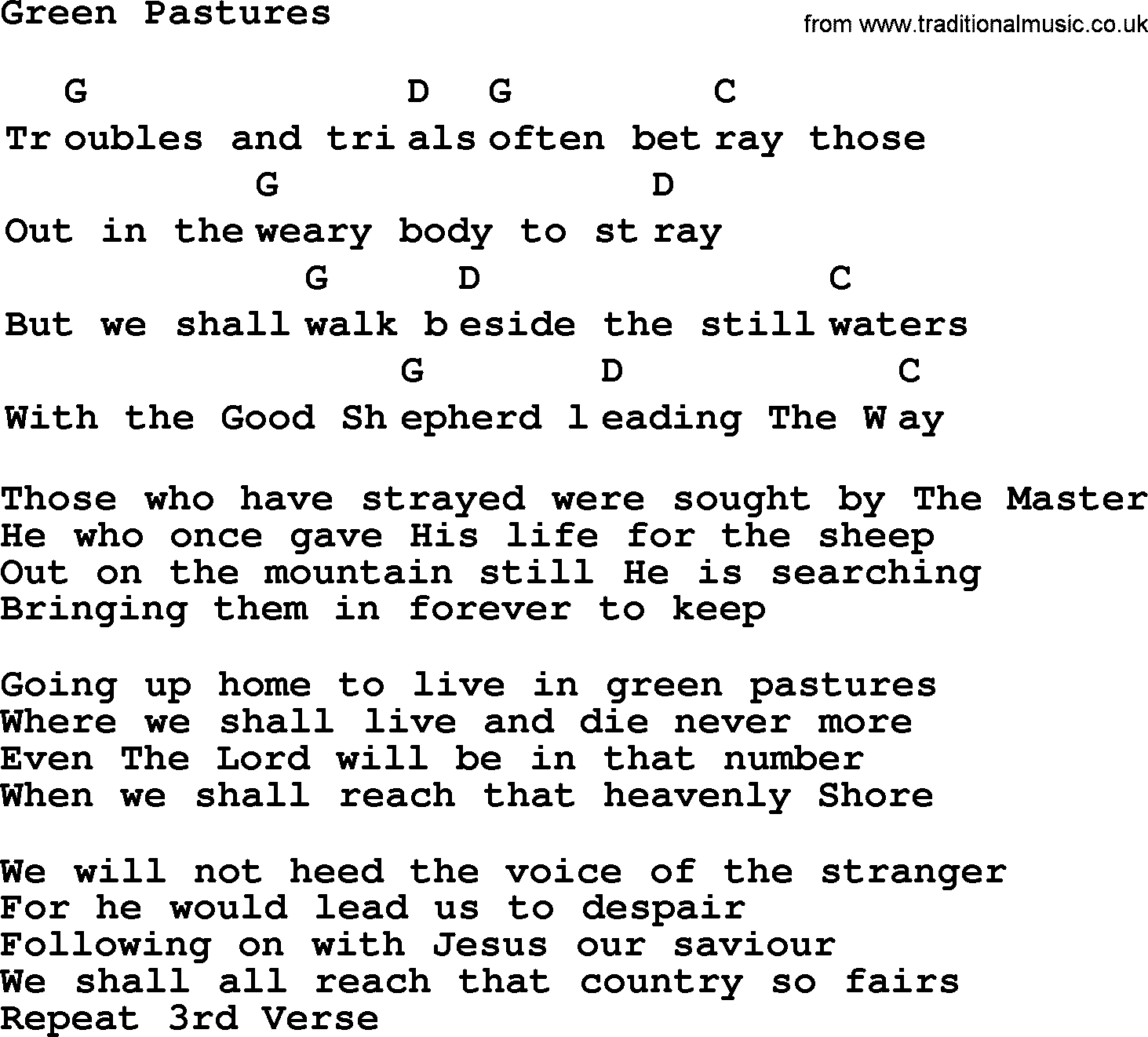 Top 1000 Most Popular Folk and Old-time Songs: Green Pastures, lyrics and chords