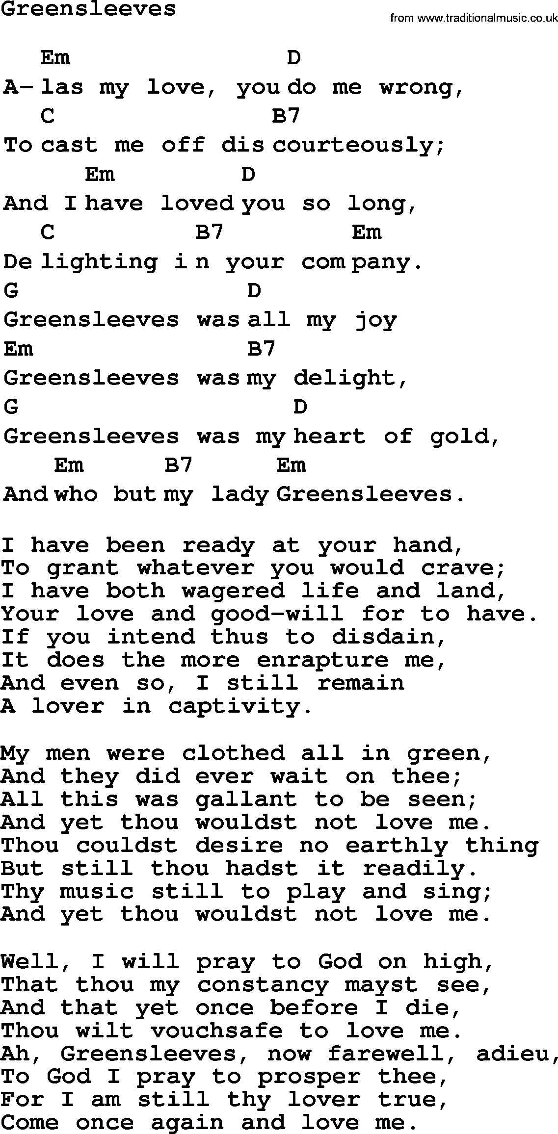 Top 1000 Most Popular Folk and Old-time Songs: Greensleeves, lyrics and chords