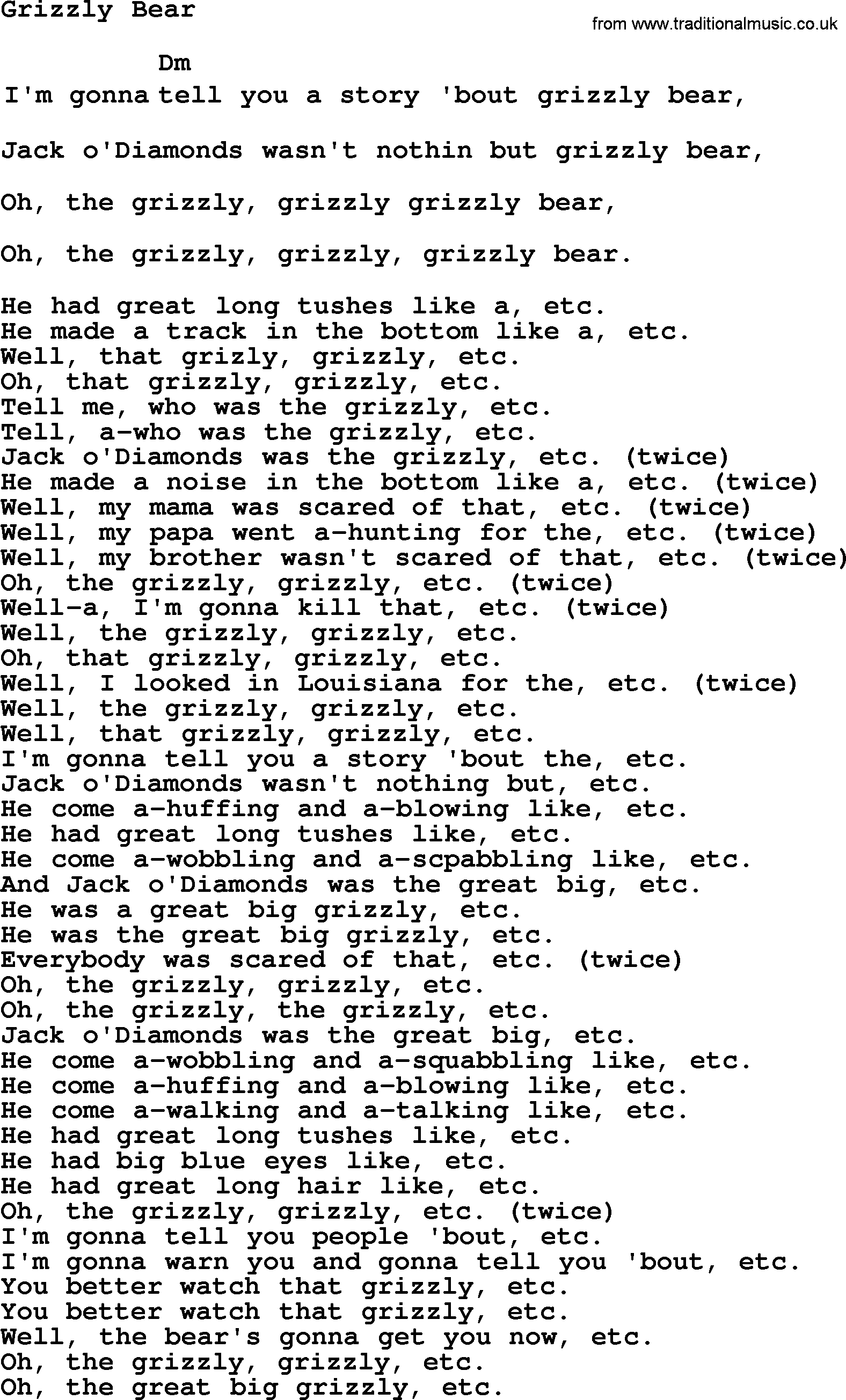 Top 1000 Most Popular Folk and Old-time Songs: Grizzly Bear, lyrics and chords