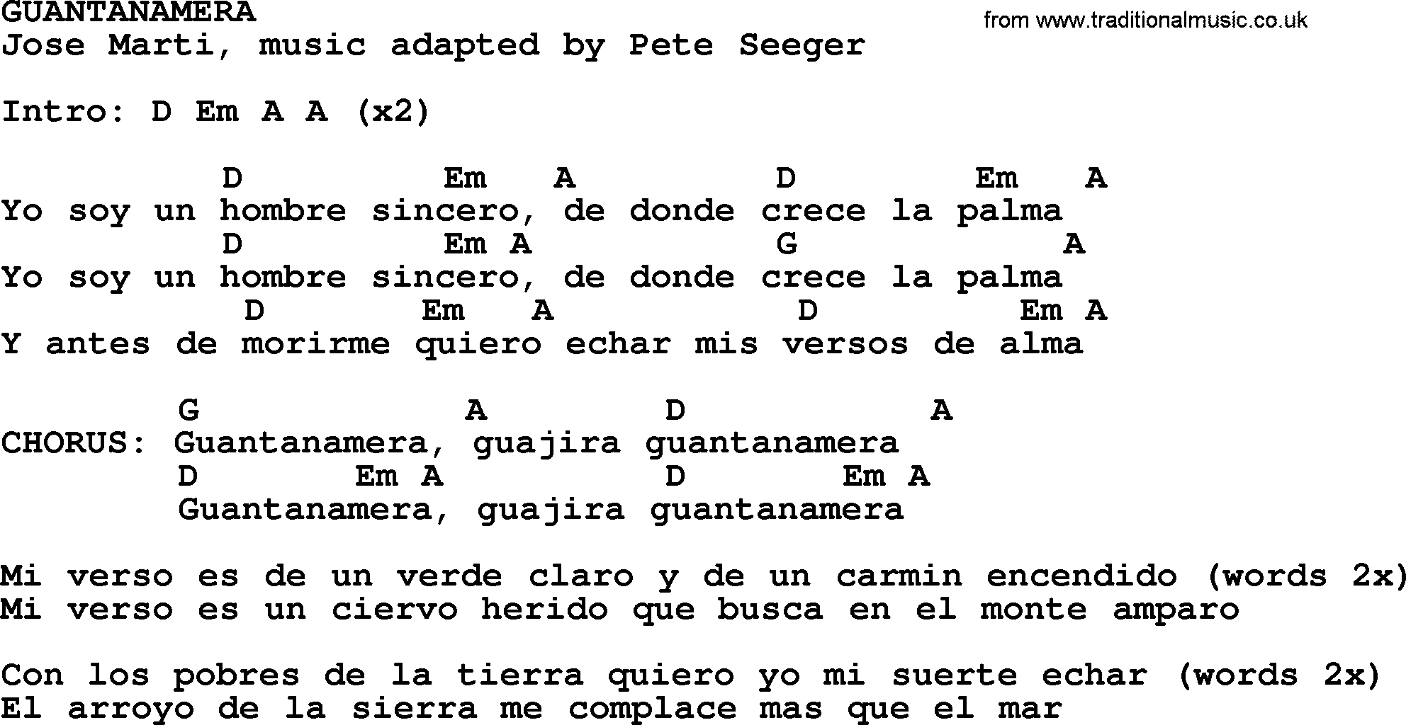 Top 1000 Most Popular Folk and Old-time Songs: Guantanamera, lyrics and chords