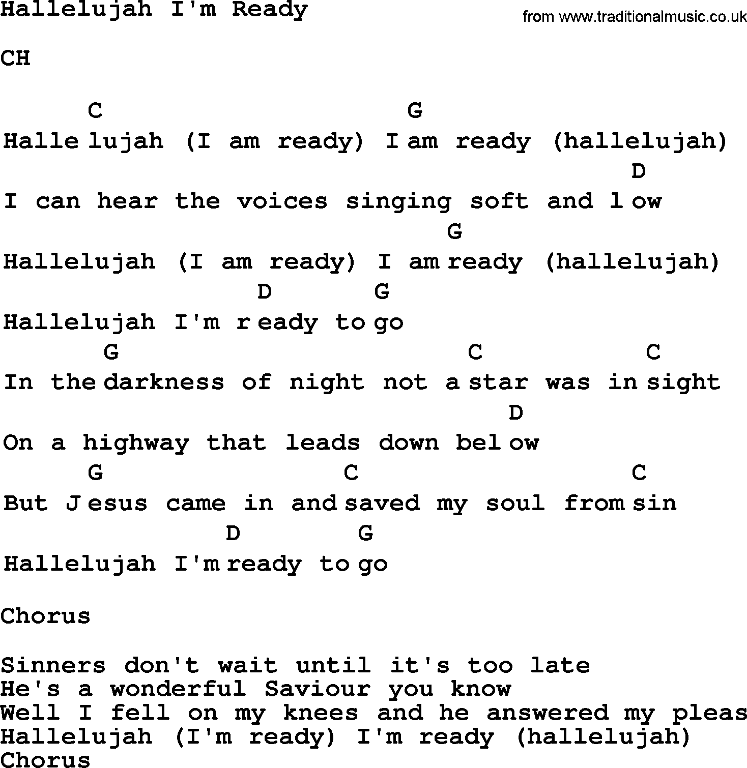 Top 1000 Most Popular Folk and Old-time Songs: Hallelujah Im Ready, lyrics and chords