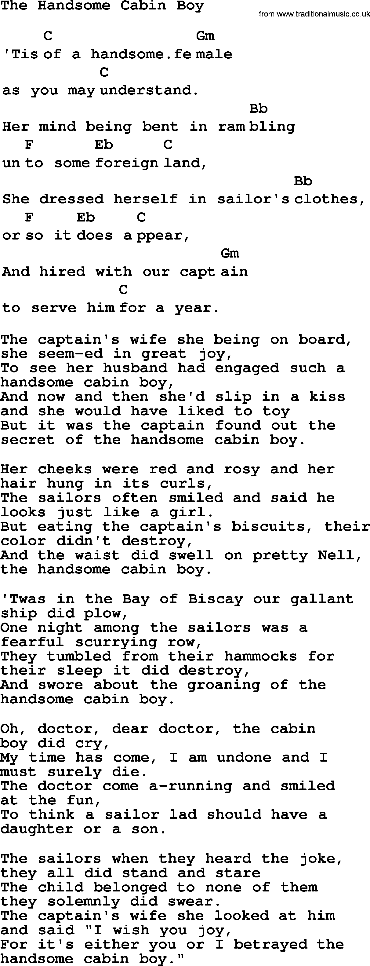 Top 1000 Most Popular Folk and Old-time Songs: Handsome Cabin Boy, lyrics and chords