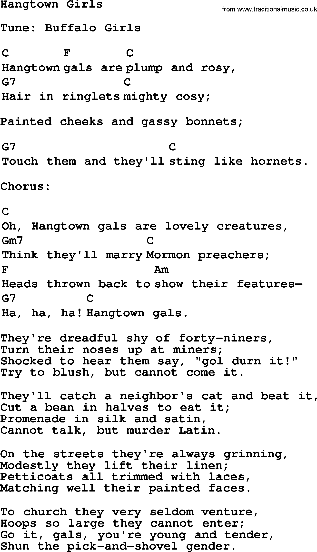 Top 1000 Most Popular Folk and Old-time Songs: Hangtown Girls, lyrics and chords