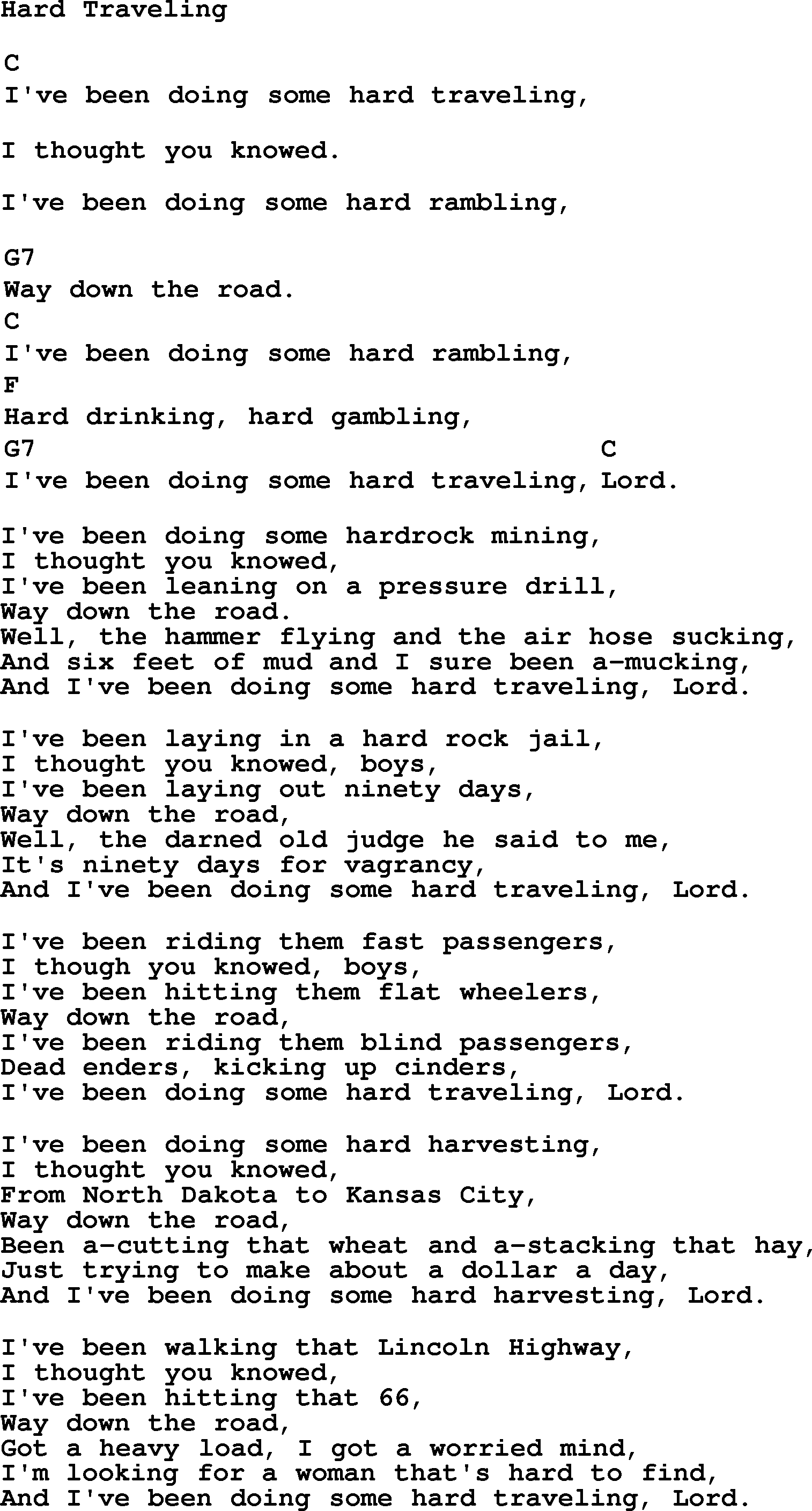 Top 1000 Most Popular Folk and Old-time Songs: Hard Traveling, lyrics and chords