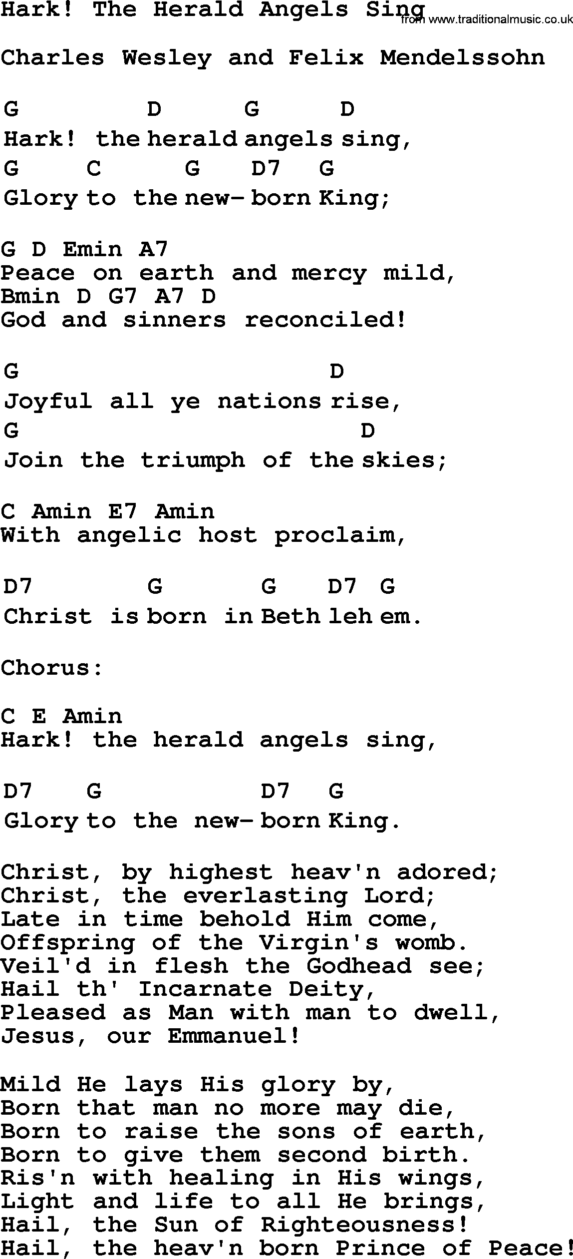 Top 1000 Most Popular Folk and Old-time Songs: Hark! The Herald Angels Sing, lyrics and chords