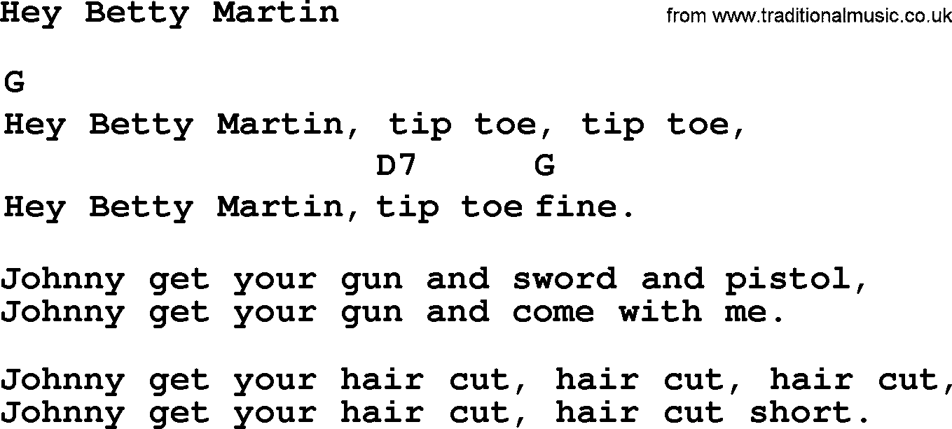 Top 1000 Most Popular Folk and Old-time Songs: Hey Betty Martin, lyrics and chords