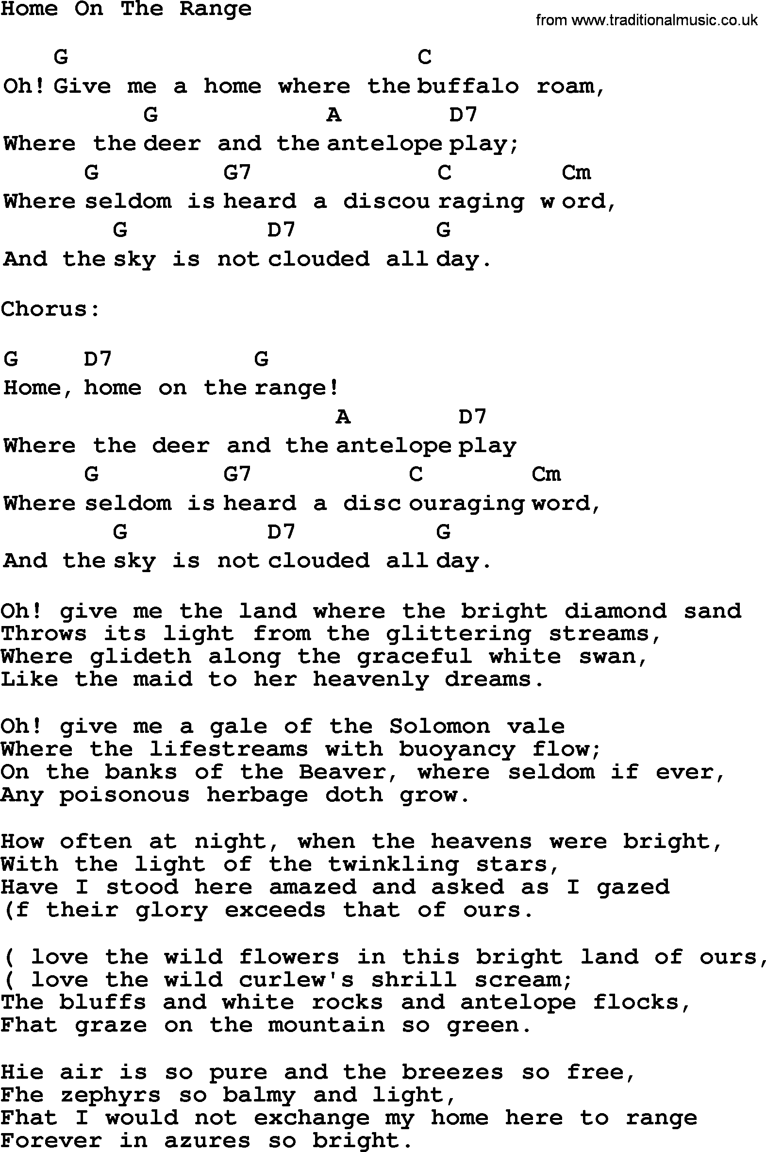 Top 1000 Most Popular Folk and Old-time Songs: Home On The Range, lyrics and chords