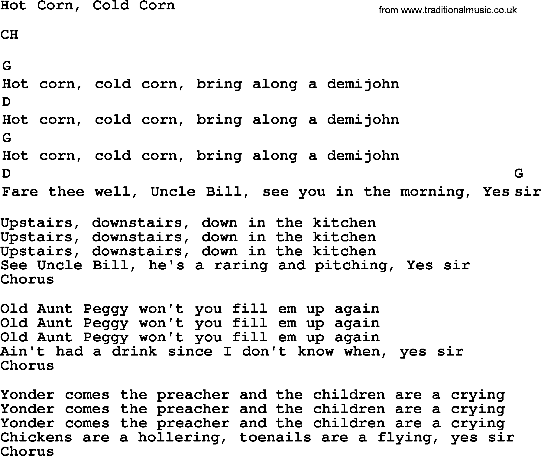 Top 1000 Most Popular Folk and Old-time Songs: Hot Corn, Cold Corn, lyrics and chords
