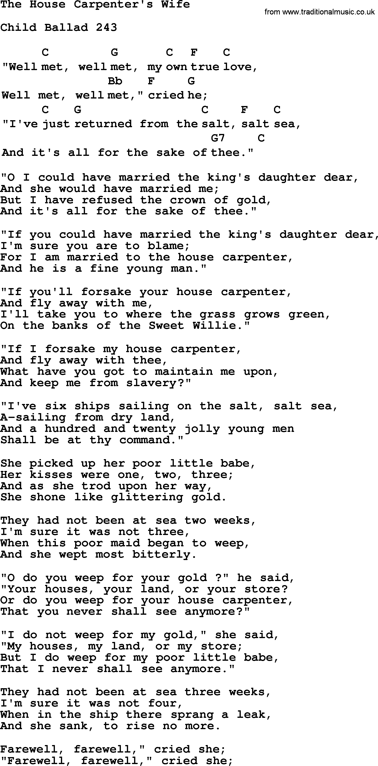 Top 1000 Most Popular Folk and Old-time Songs: House Carpenters Wife, lyrics and chords