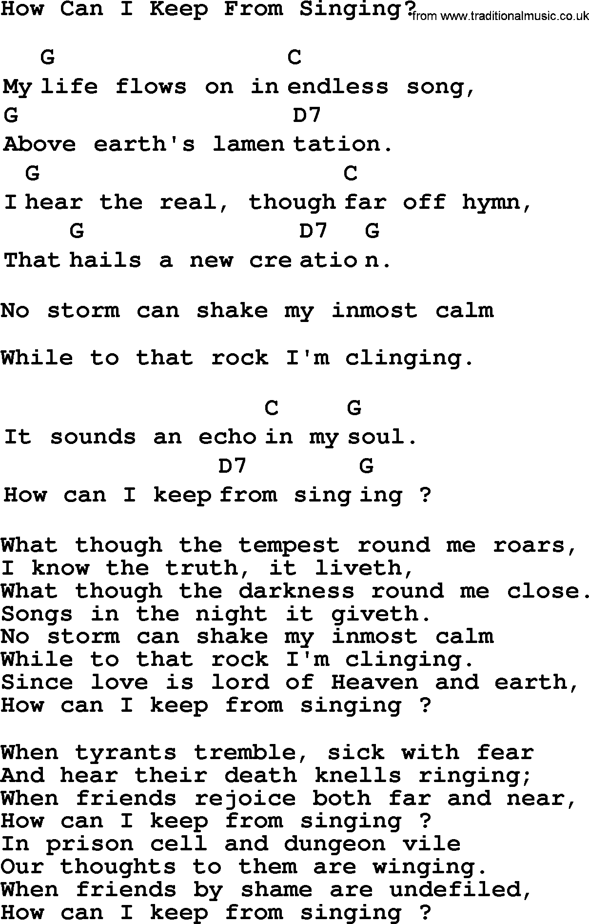 Top 1000 Most Popular Folk and Old-time Songs: How Can I Keep From Singing, lyrics and chords