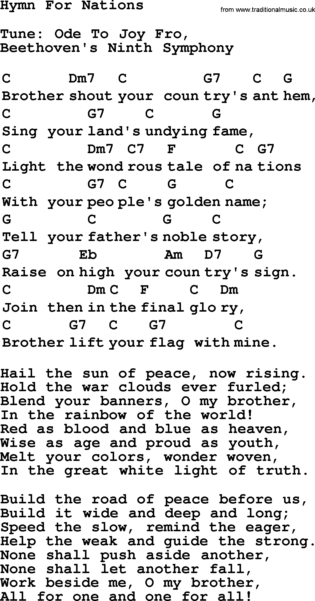 Top 1000 Most Popular Folk and Old-time Songs: Hymn For Nations, lyrics and chords