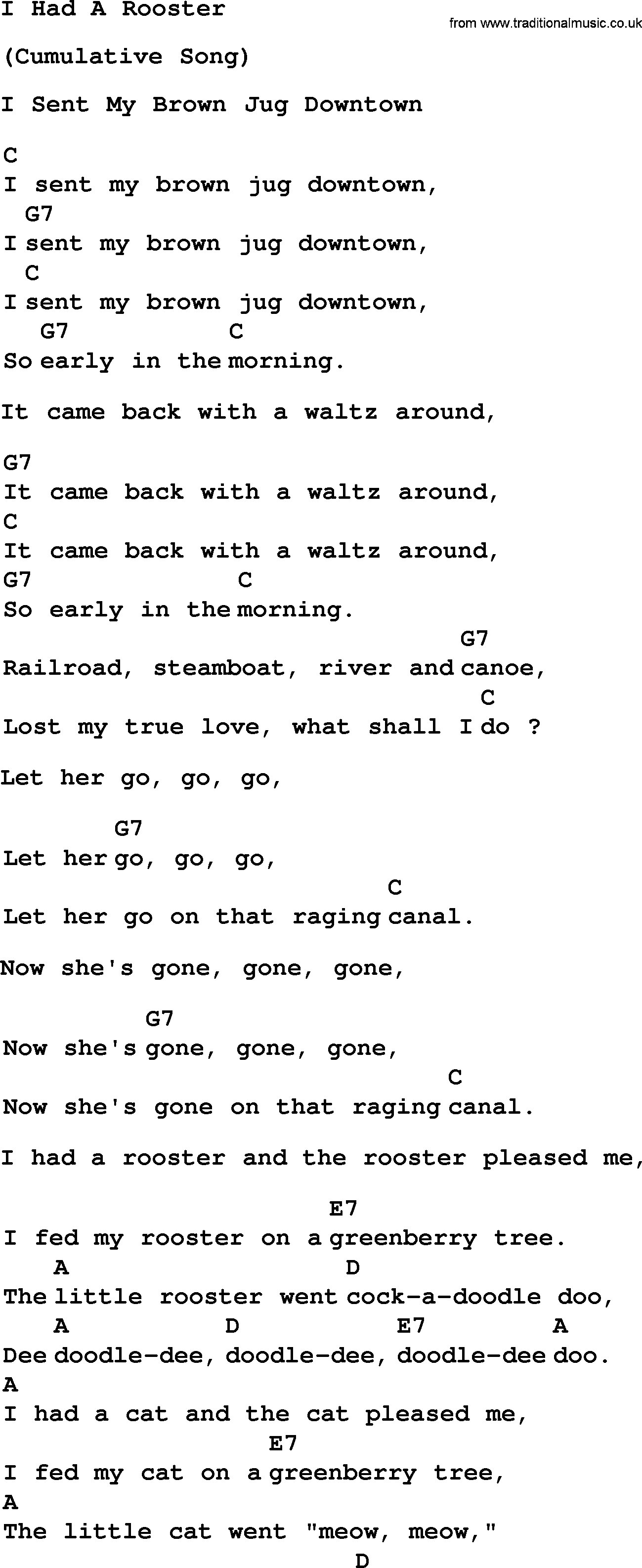 Top 1000 Most Popular Folk and Old-time Songs: I Had A Rooster, lyrics and chords